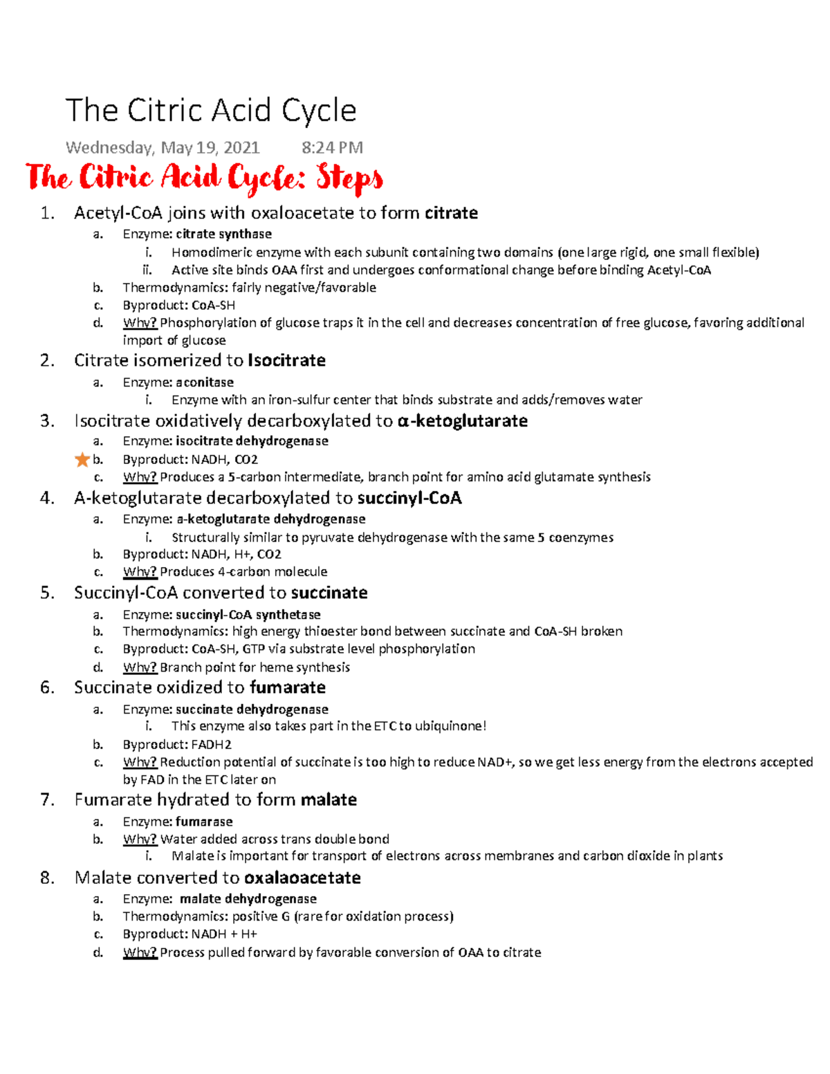 Biochem The Citric Acid Cycle / Krebs Cycle / TCA Cycle - Lecture notes ...