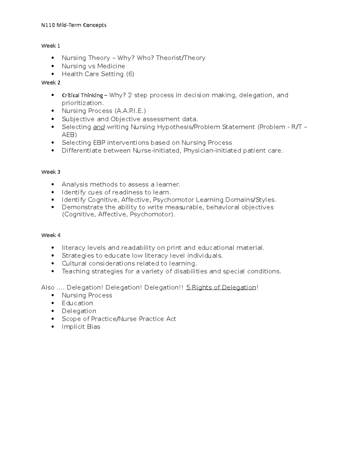 N110 Mid-Term Concepts - N110 Mid-Term Concepts Week 1 Nursing Theory ...