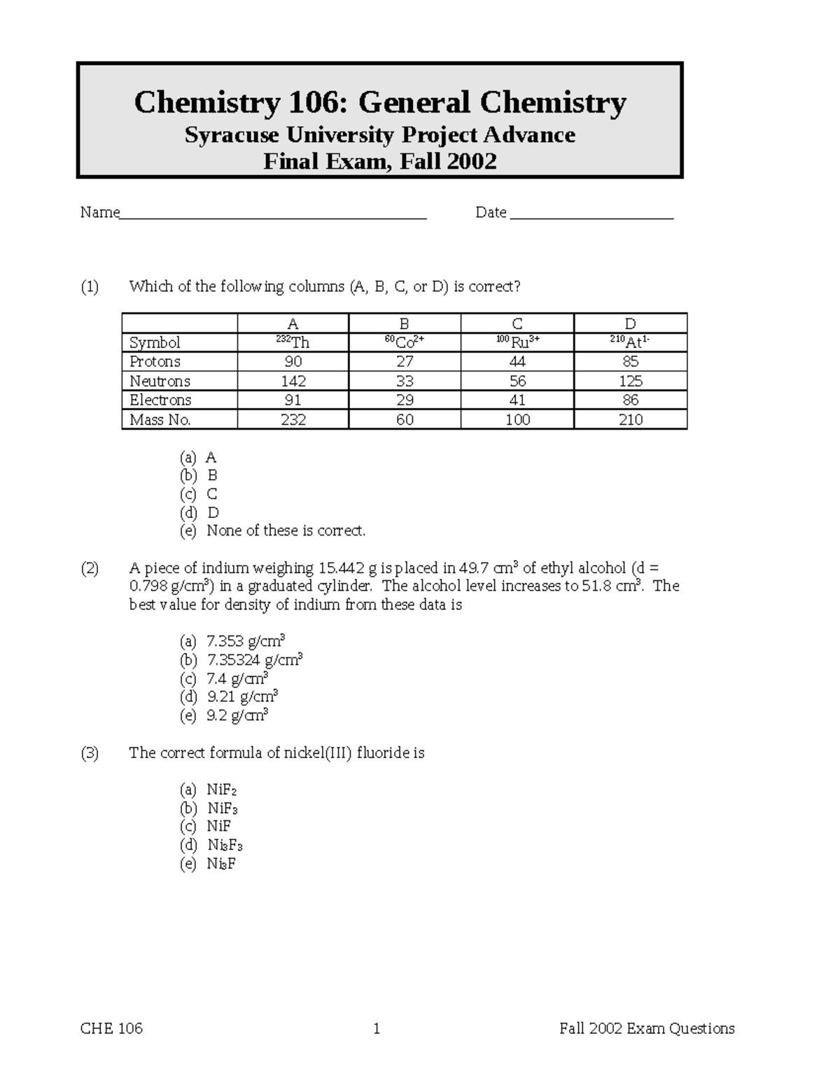 Final Exam Question 2002 - Chemistry 106: General Chemistry Syracuse ...