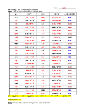 P H Worksheet Solutions for ph scale and Poh scale for chemistry concepts -  Name: KEY________ - Studocu