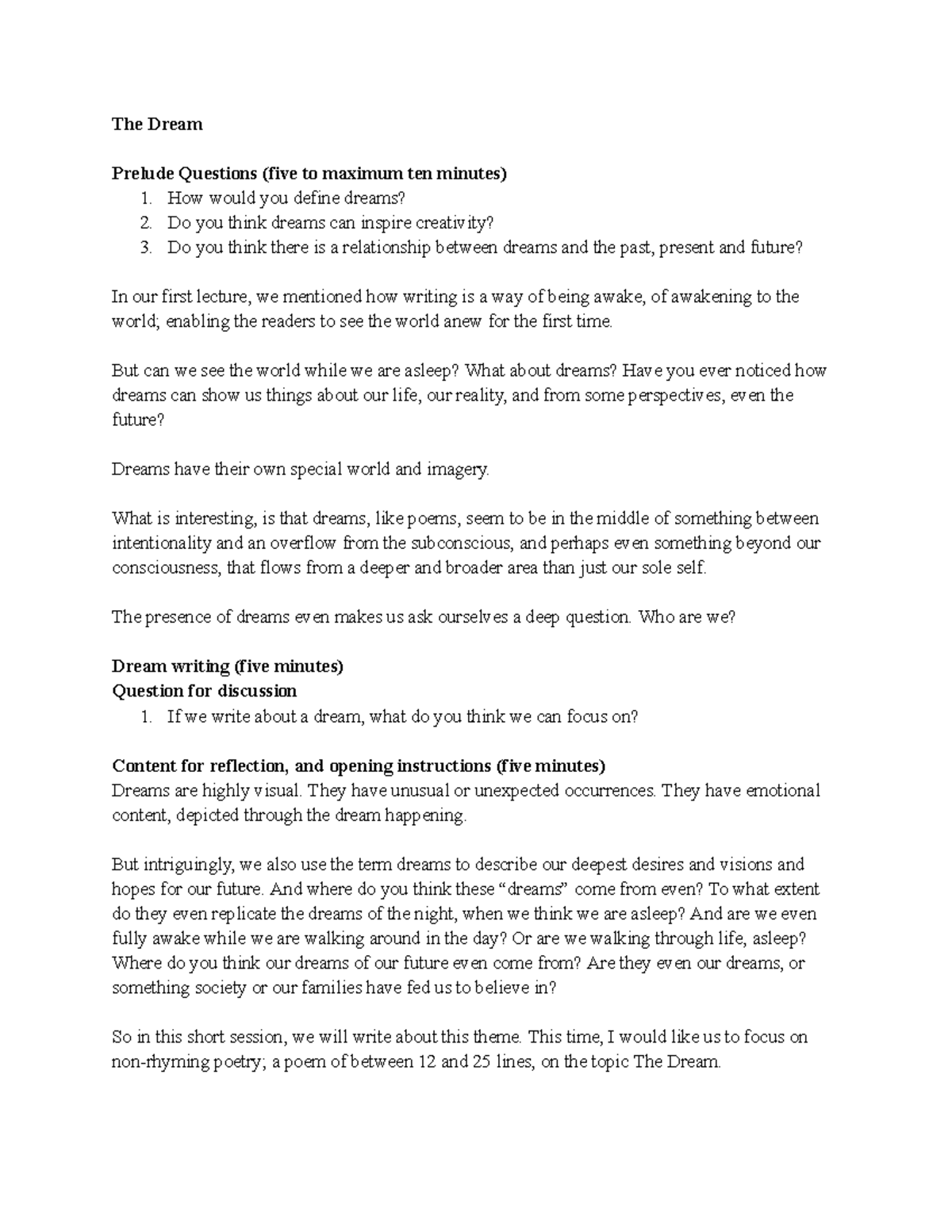 Creative Writing Tutorial Worksheet 1 - The Dream Prelude Questions ...