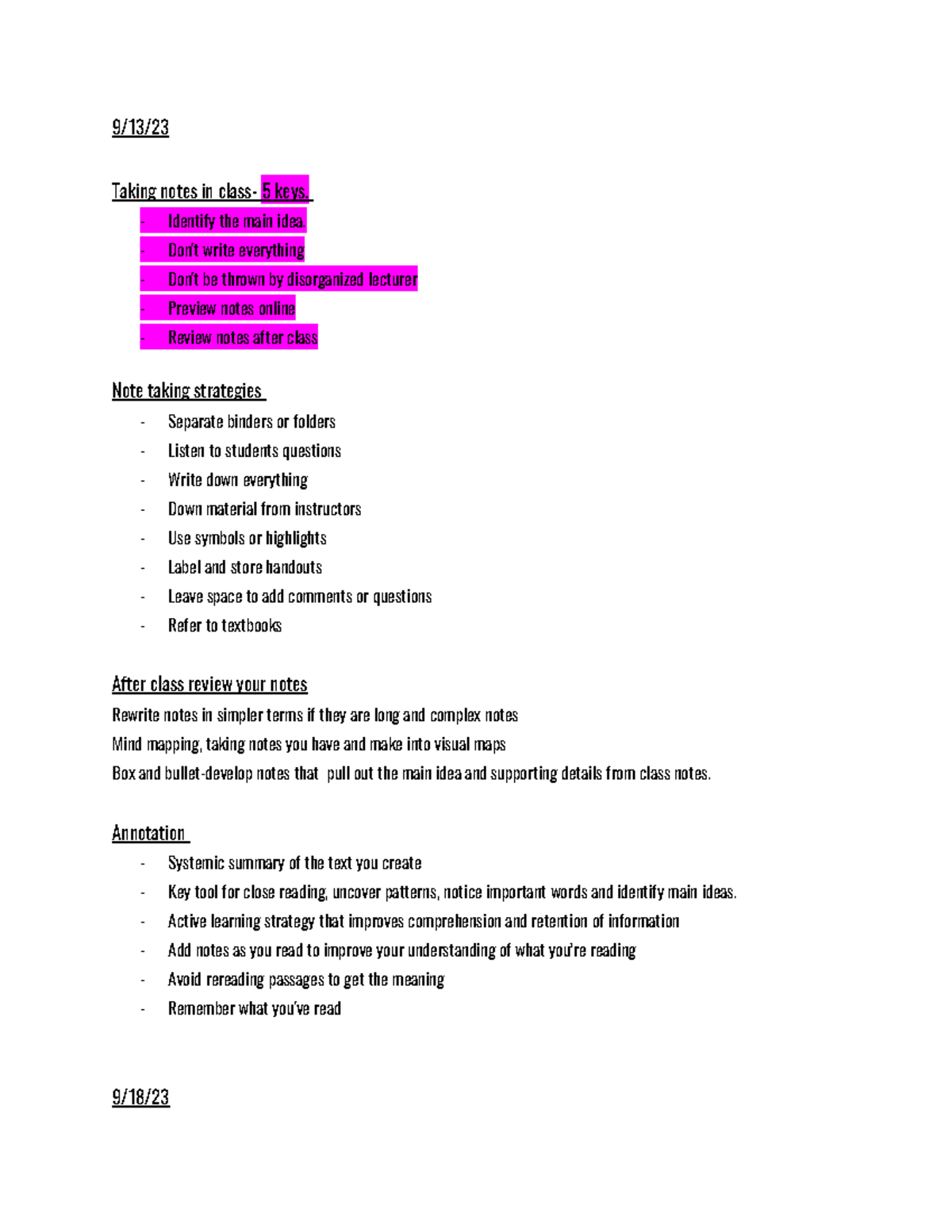 English notes - for my final exam - 9/13/ Taking notes in class- 5 keys ...