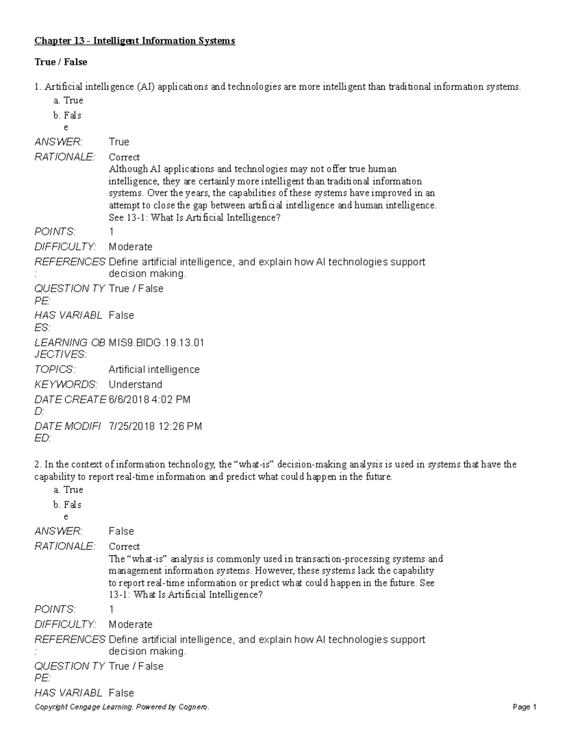 Chapter 13 Intelligent Information Systems - True / False Artificial ...