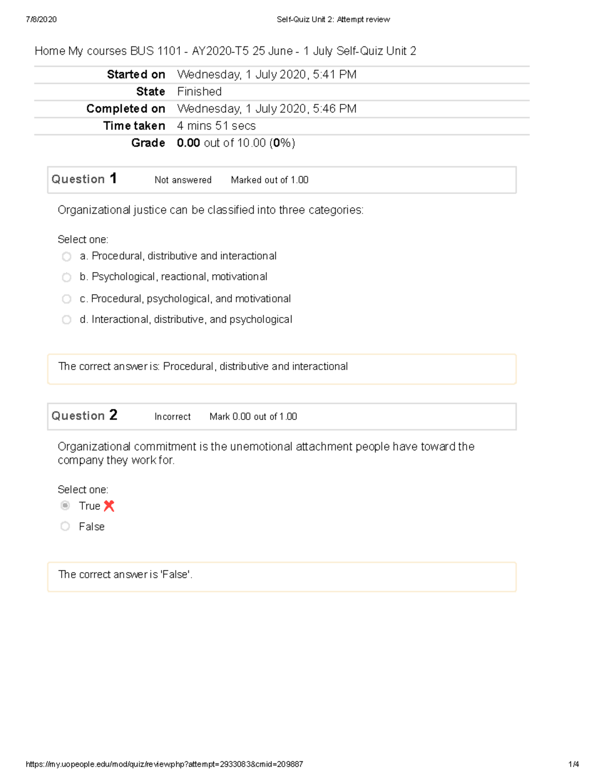 Self-Quiz Unit 2 Attempt review - BUS 1101 - UoPeople - Studocu