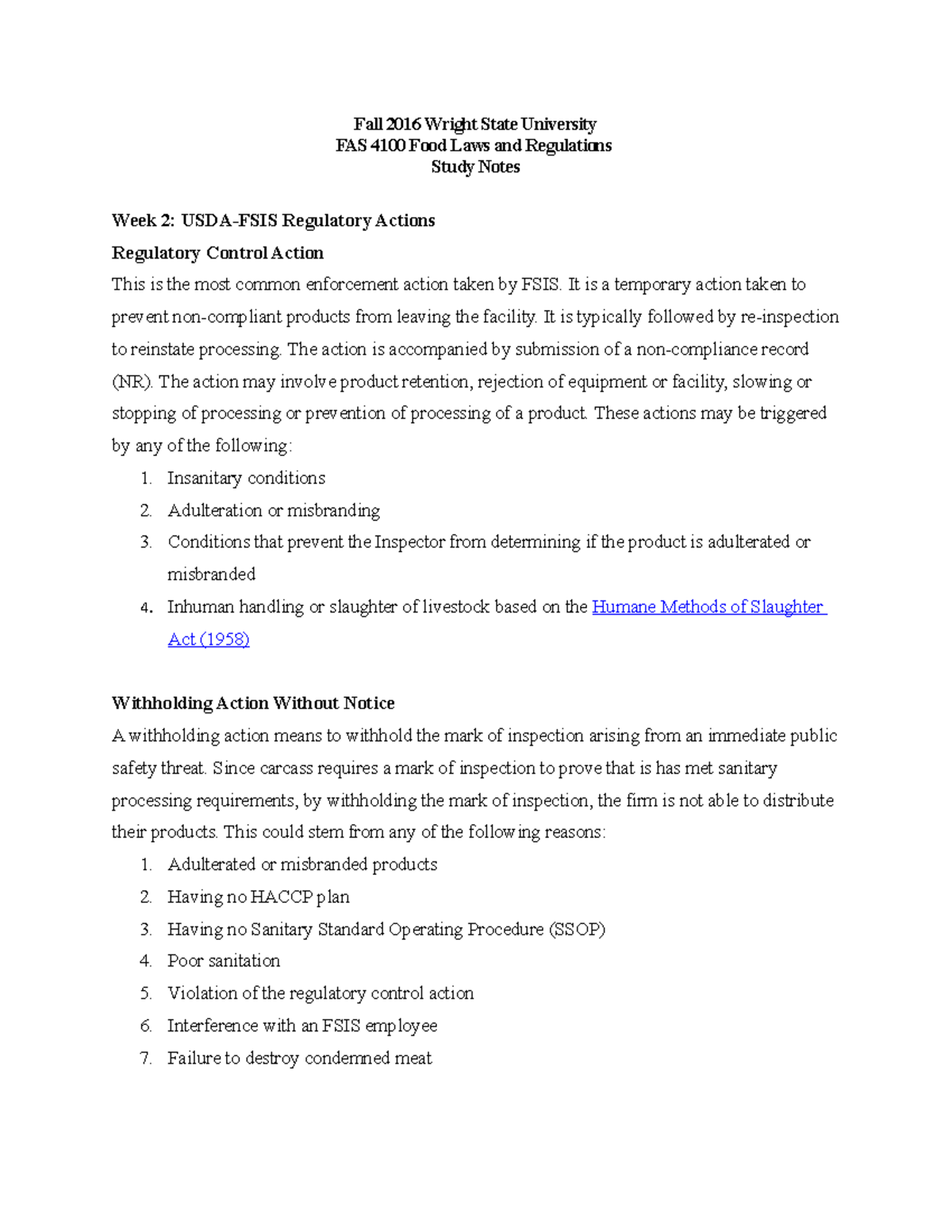 FAS 4100 Class Notes - Week 2 USDA-FSIS Regulatory Actions - Fall 2016 ...