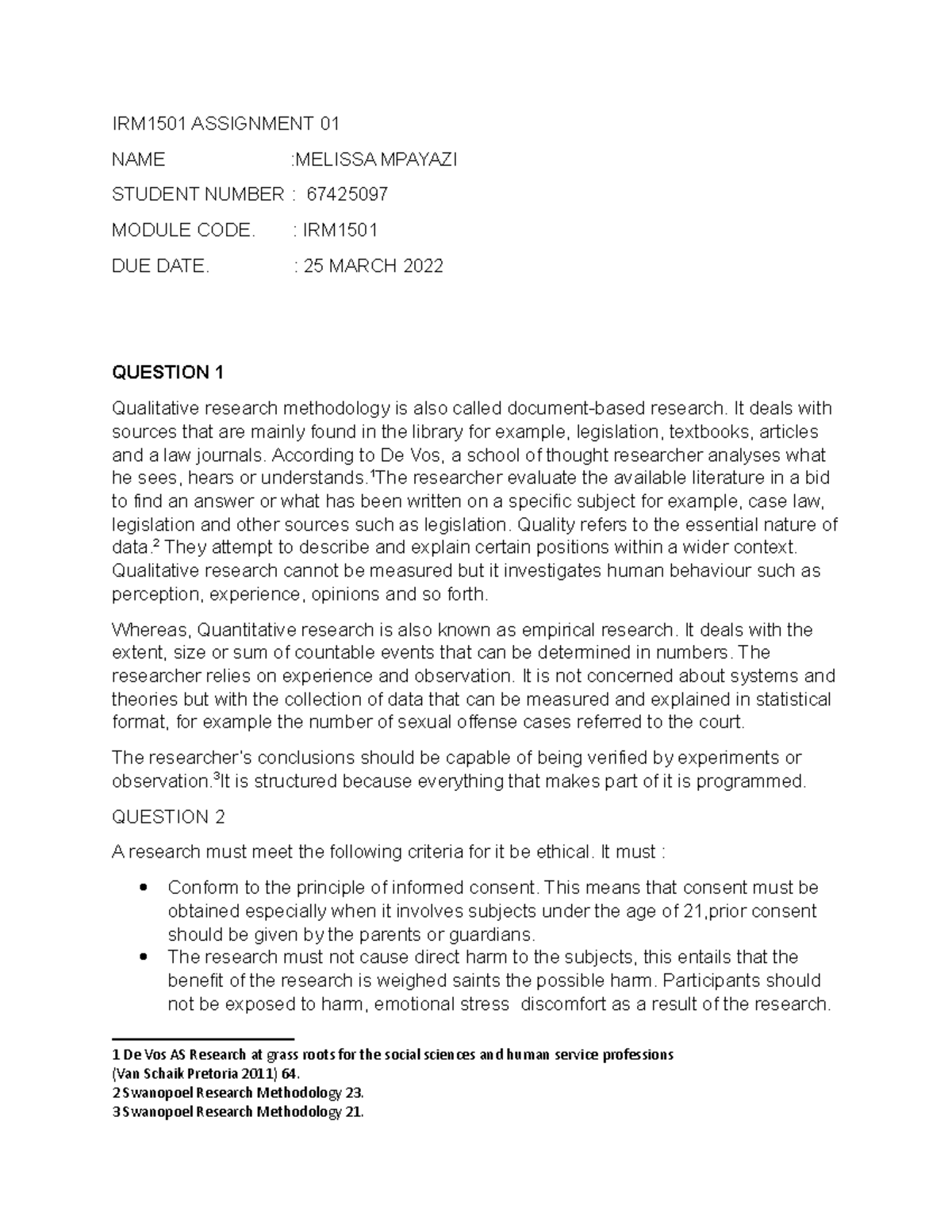 IRM1501 Assignment 01 - Introduction to research metholody, learn more ...