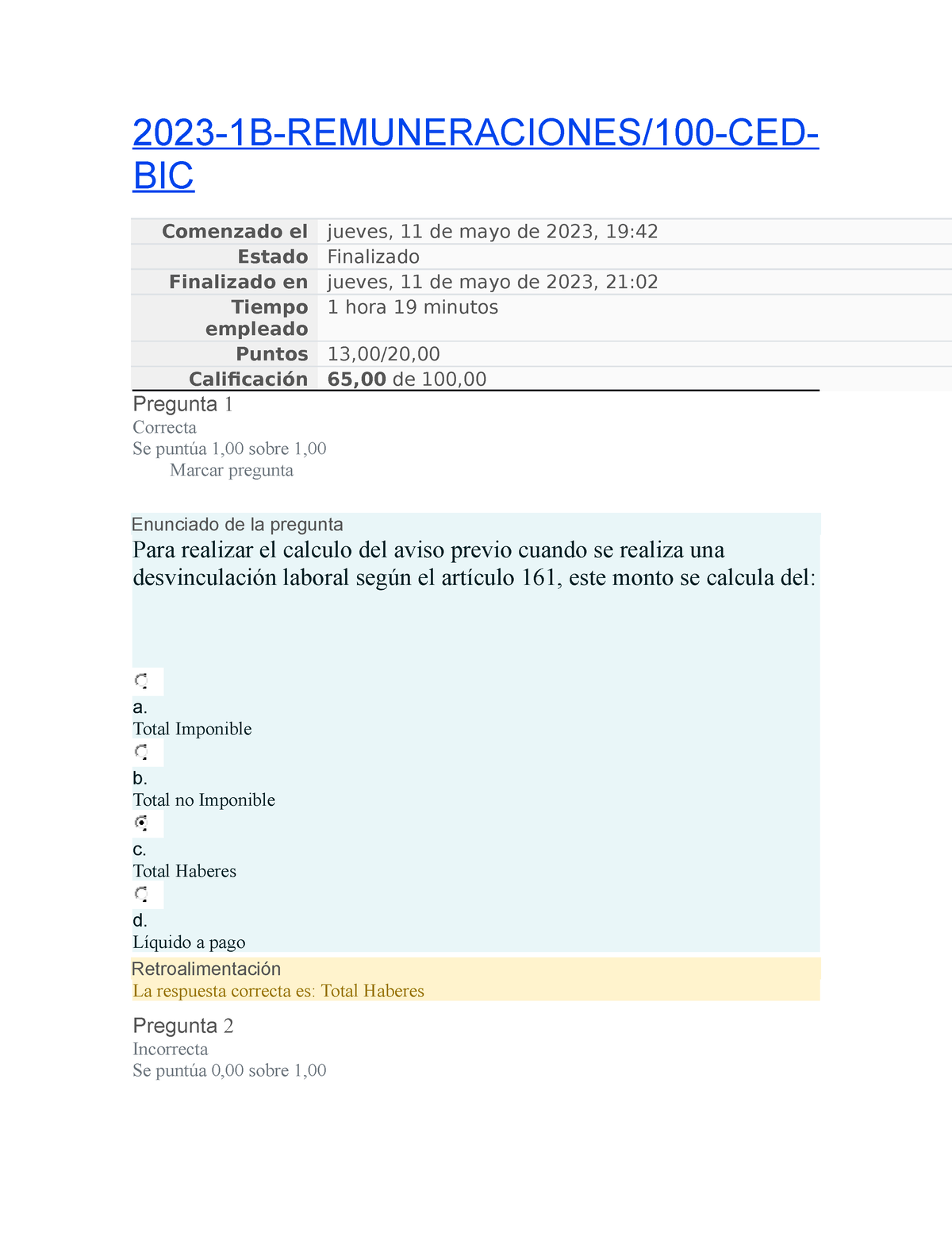 Examen Remuneraciones - 2023-1B-REMUNERACIONES/100-CED- BIC Comenzado ...