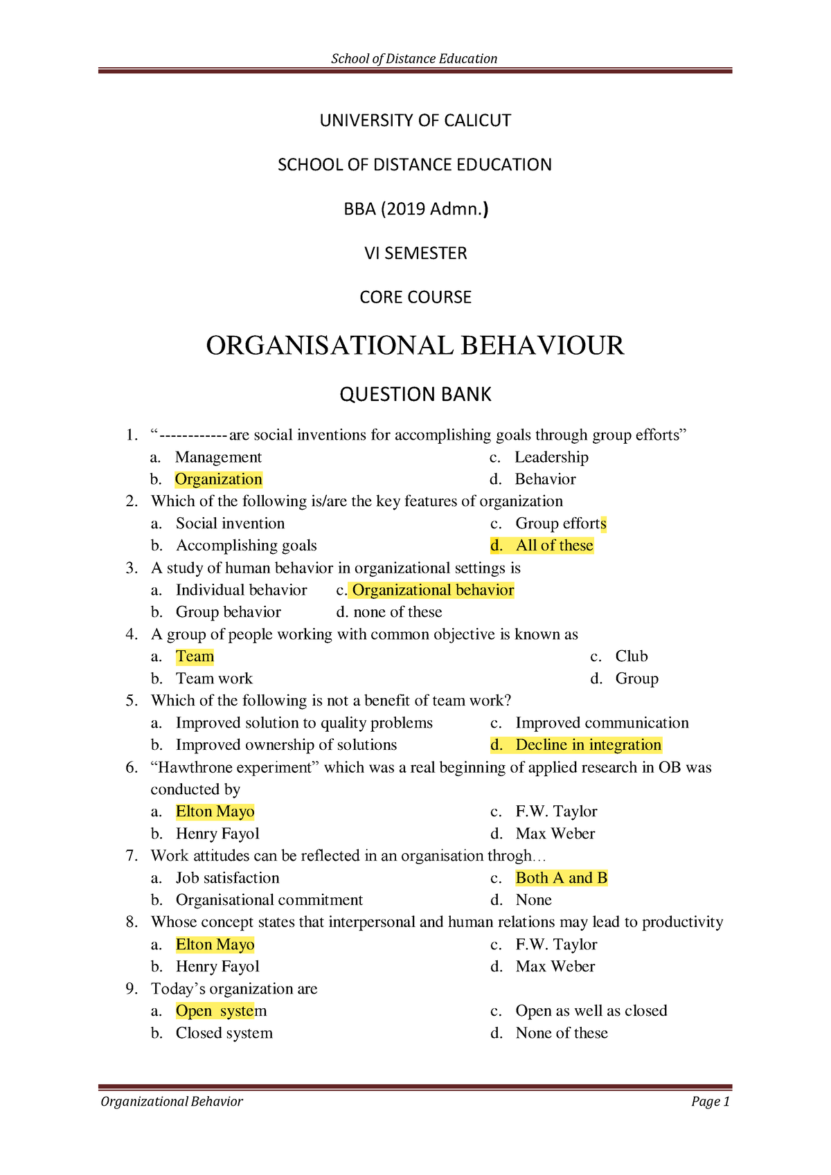 MCQ- Organisational Behaviour - UNIVERSITY OF CALICUT SCHOOL OF ...