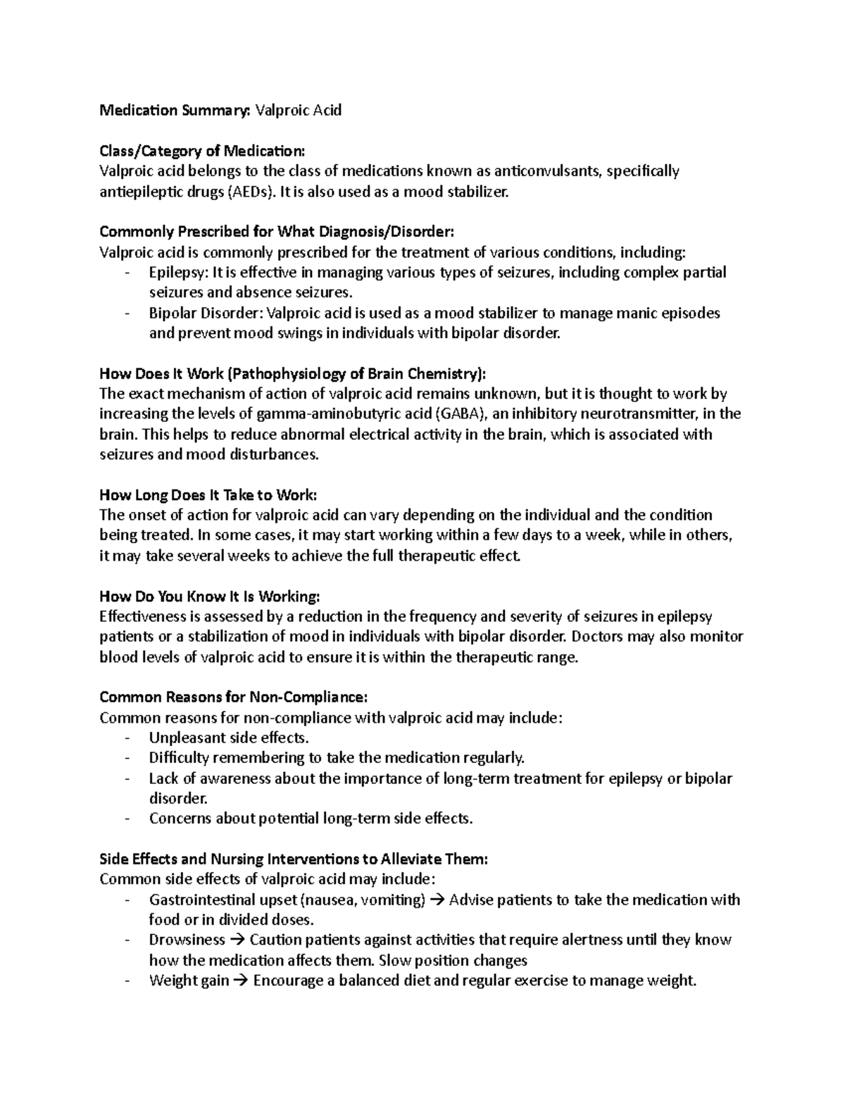 Valproic acid - Medication Summary: Valproic Acid Class/Category of ...