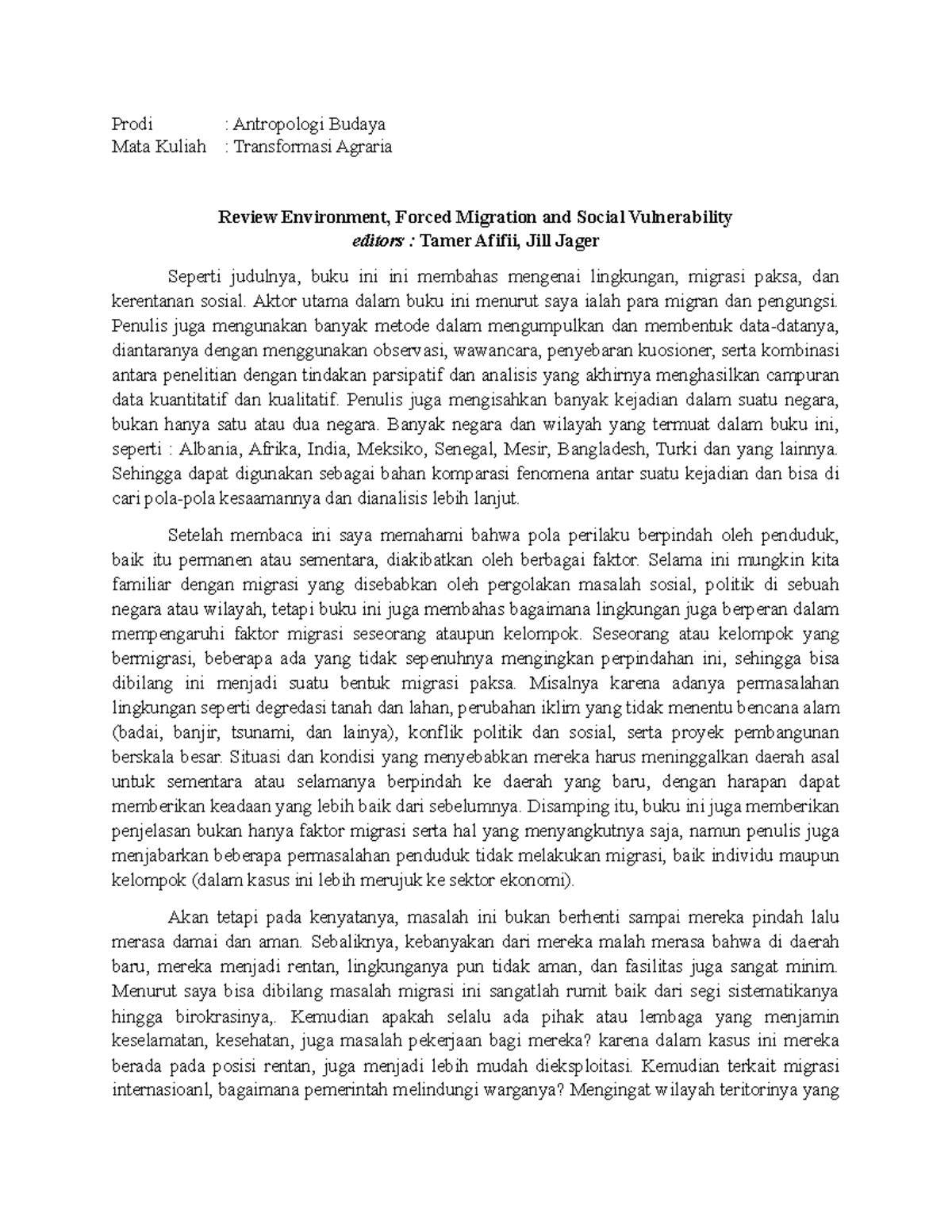 Transformasi Agraria Antropologi Budaya Review migrasi paksa Prodi