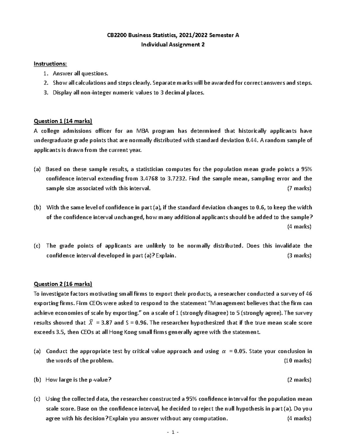 2021/2022 Sem A Assignment 2 Questions - Business Statistics - CityU ...