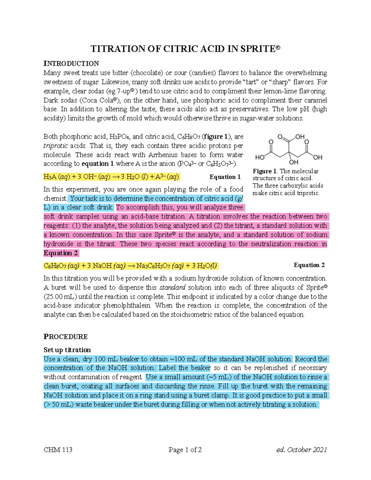 Titration of Sprite Procedure 1 TITRATION OF CITRIC ACID IN SPRITE