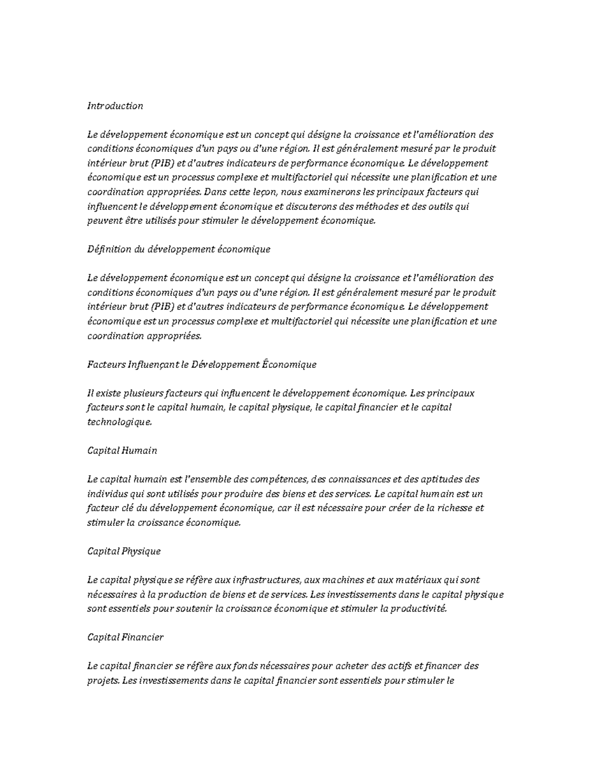 Economic Development note study - Introduction Le développement ...