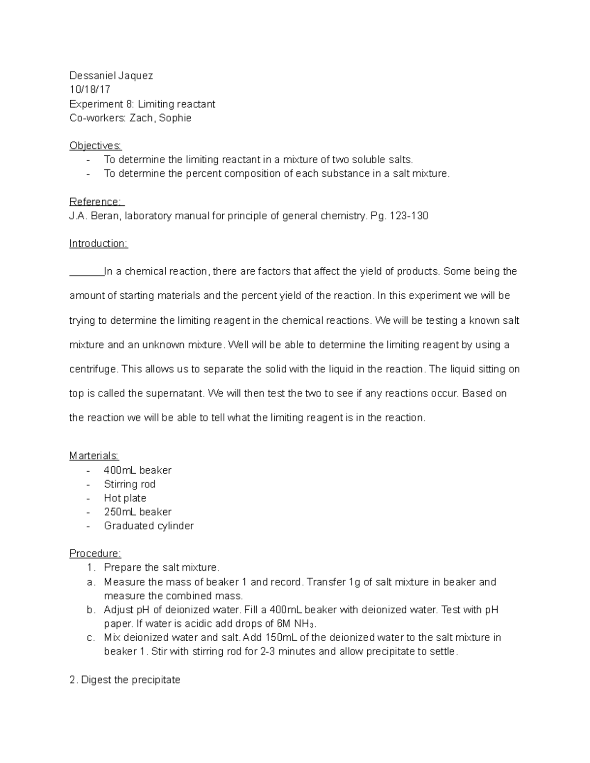 Chem Lab Report 8 - Dessaniel Jaquez Experiment 8: Limiting Reactant ...