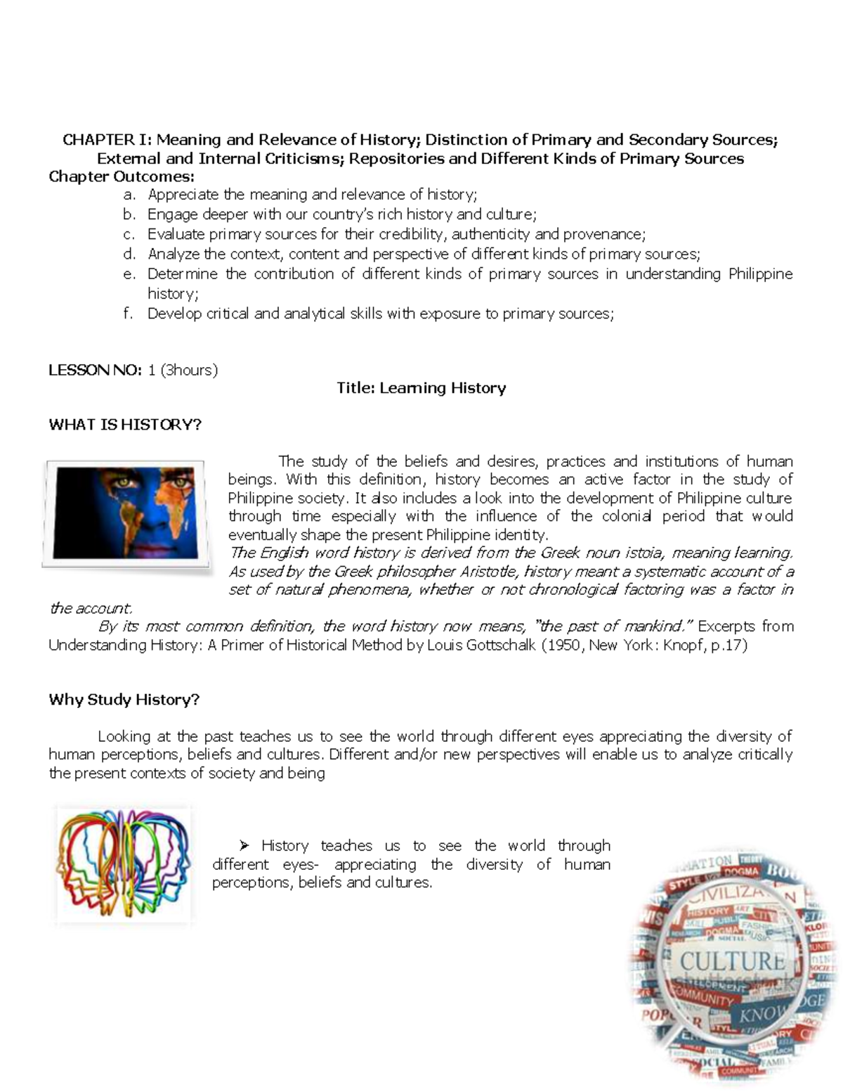 Readings - Lecture Notes - CHAPTER I: Meaning and Relevance of History ...