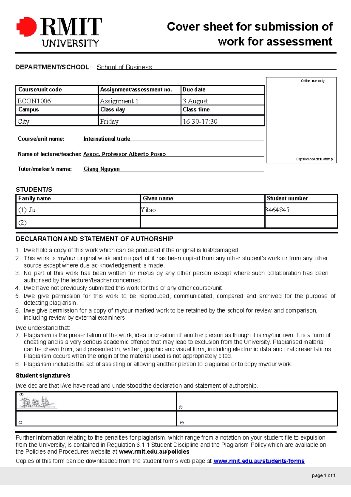 Internatioal Trade Assignment 1 - Cover sheet for submission of work ...