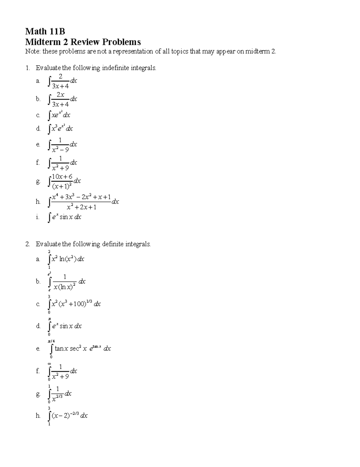Mid2review - mid2 review - Math 11B Midterm 2 Review Problems Note ...
