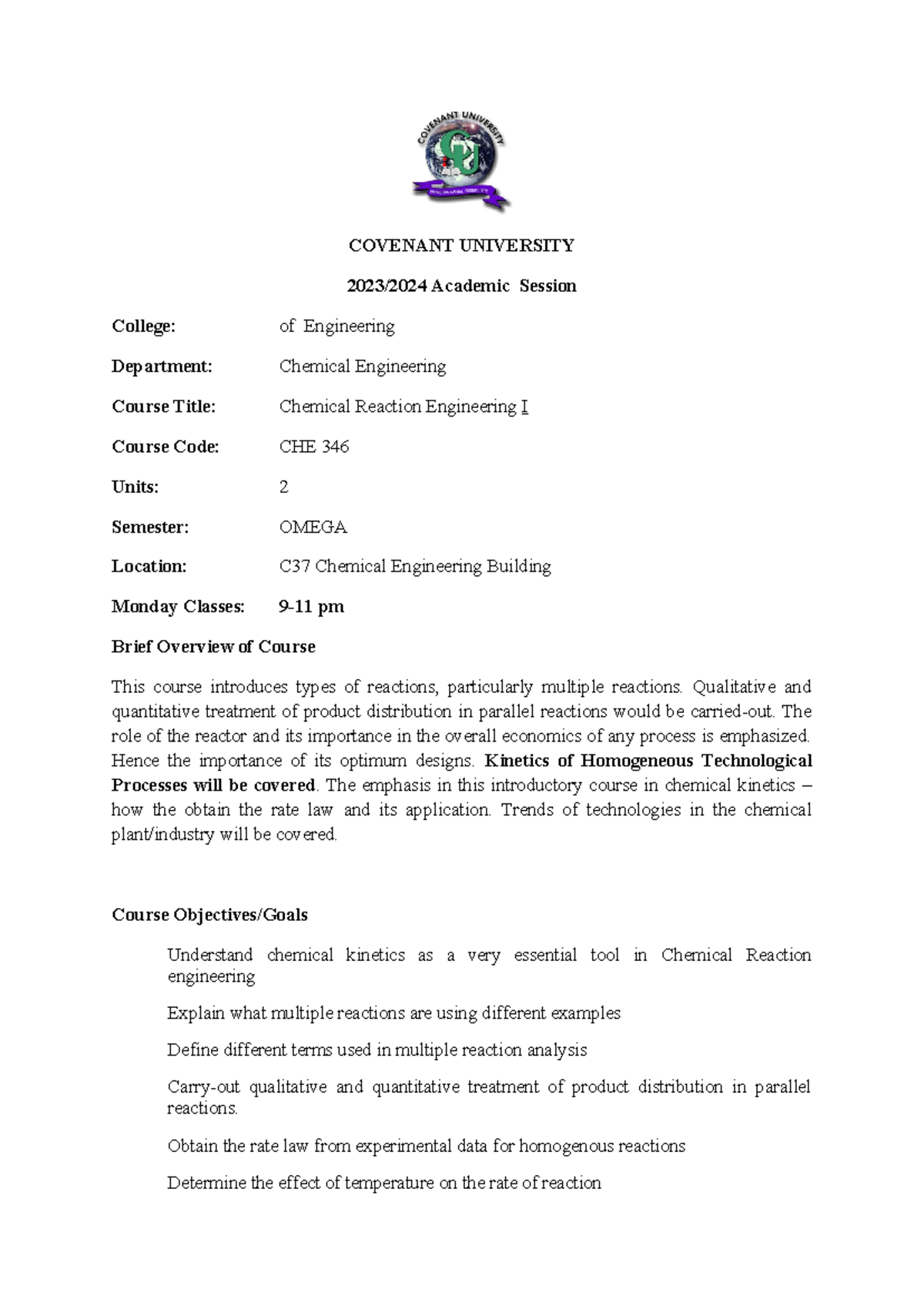 CHE346 Course Compact - Hfde - COVENANT UNIVERSITY 2023 /20 24 Academic ...