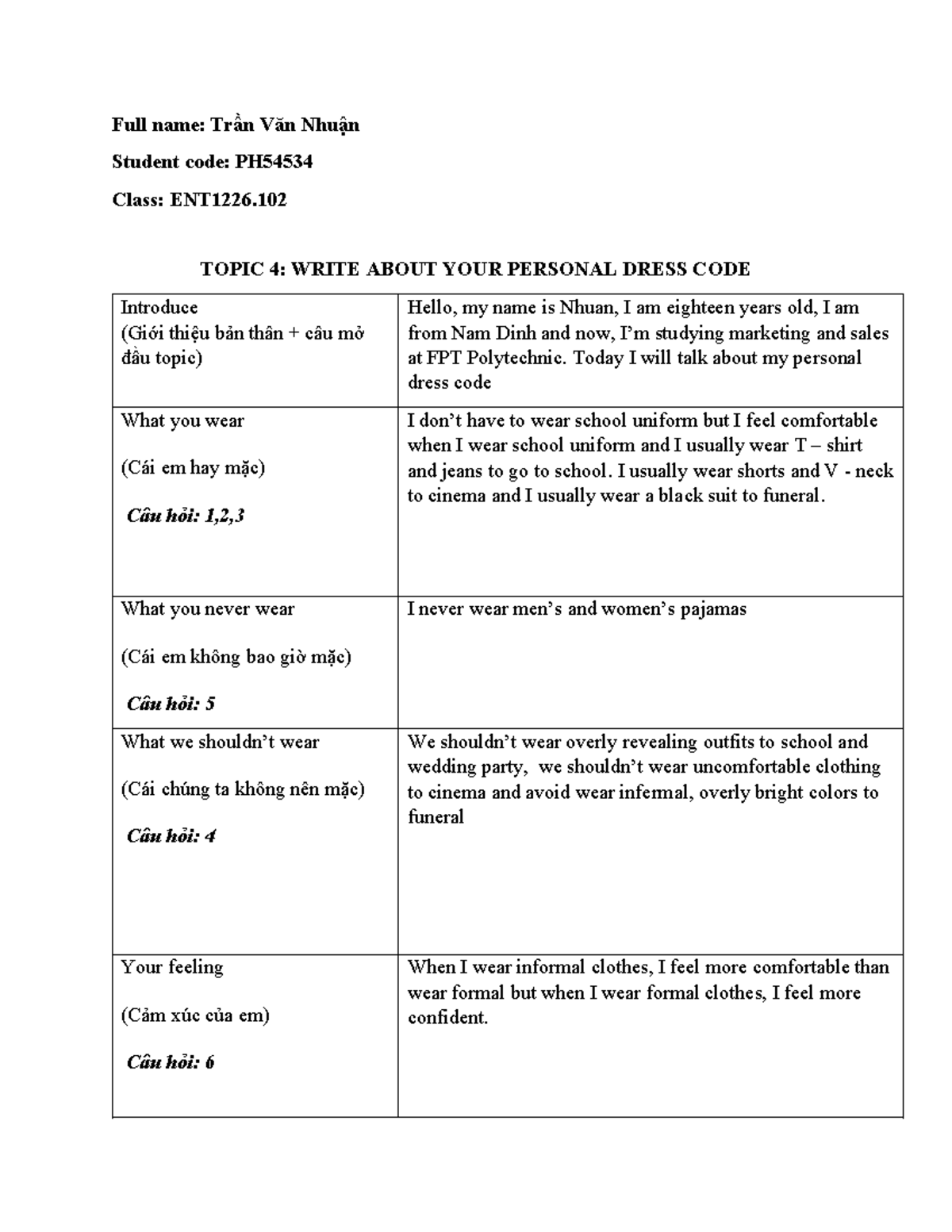 Topic 4. Level 1.2 - Full name: Trần Văn Nhuận Student code: PH Class ...