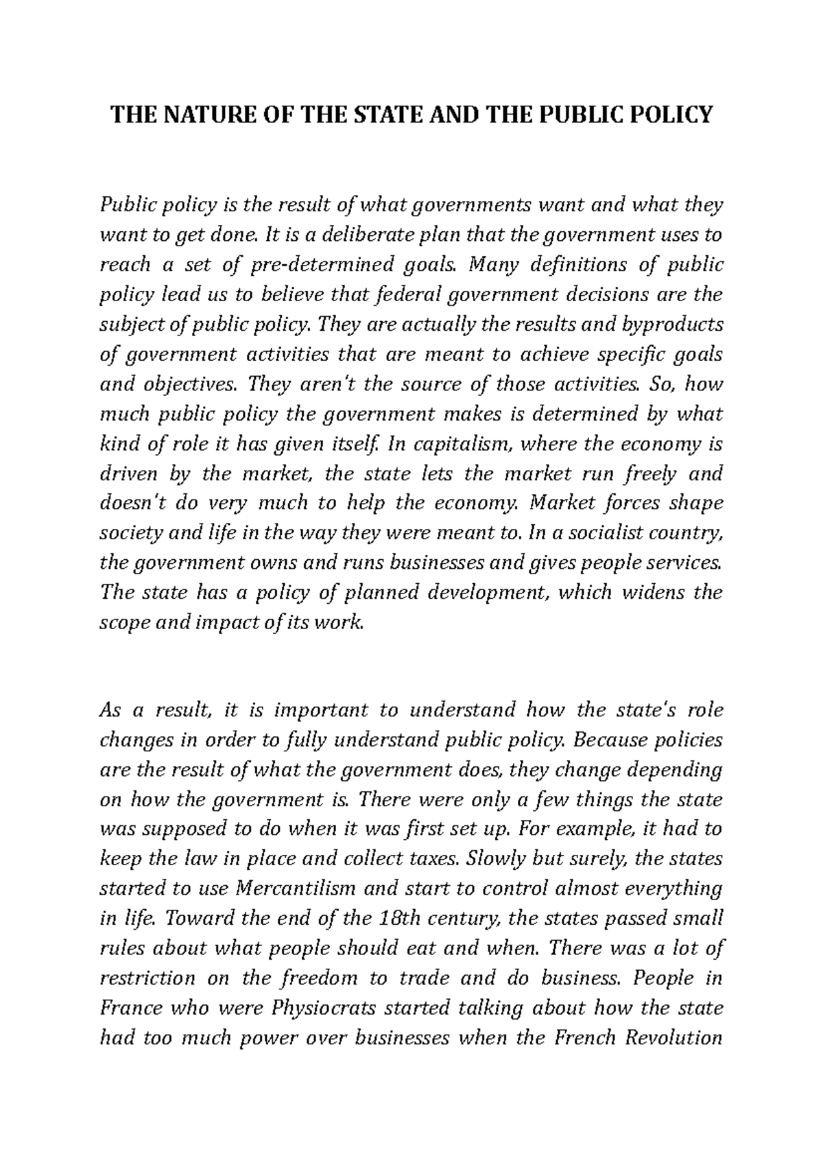 Public Policy AND THE Nature OF THE State THE NATURE OF THE STATE AND