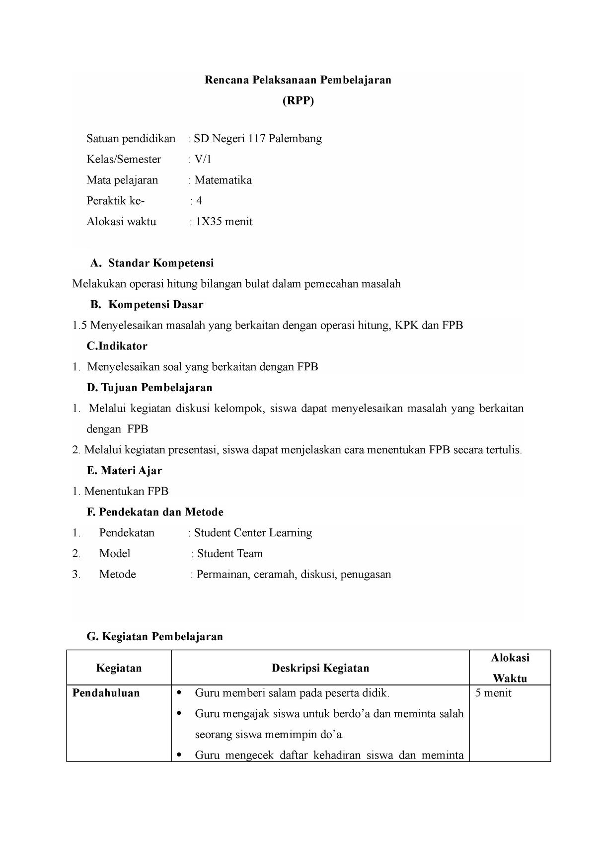 rpp problem solving matematika sd