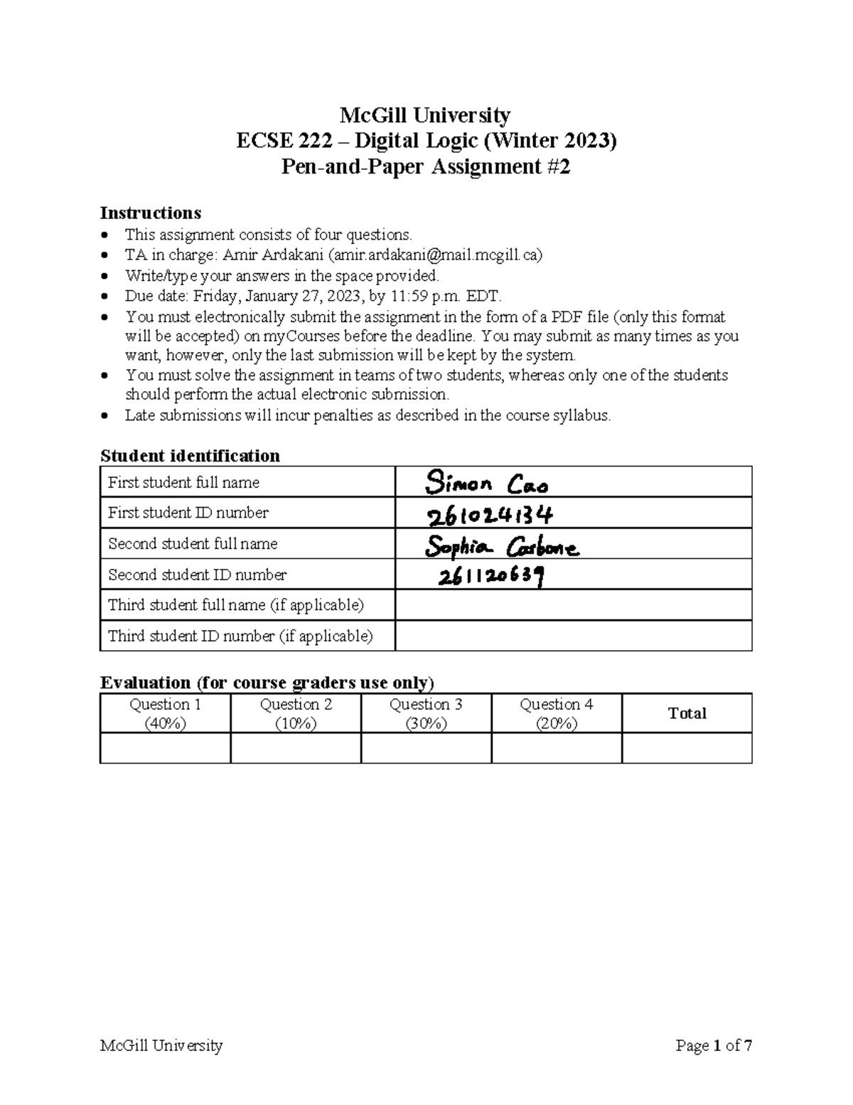 PP2 - W2023 - PP2 - McGill University ECSE 222 – Digital Logic (Winter ...