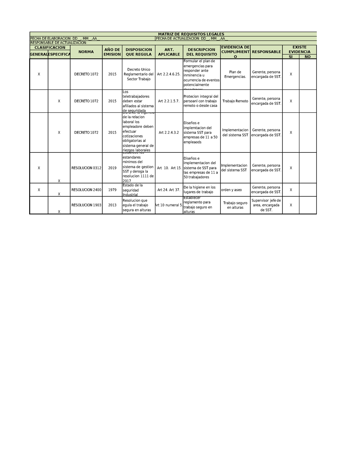 Matriz Legal Act 1 Matriz De Requisitos Legales Fecha De Elaboracion Dd Mmaa Fecha De 3785