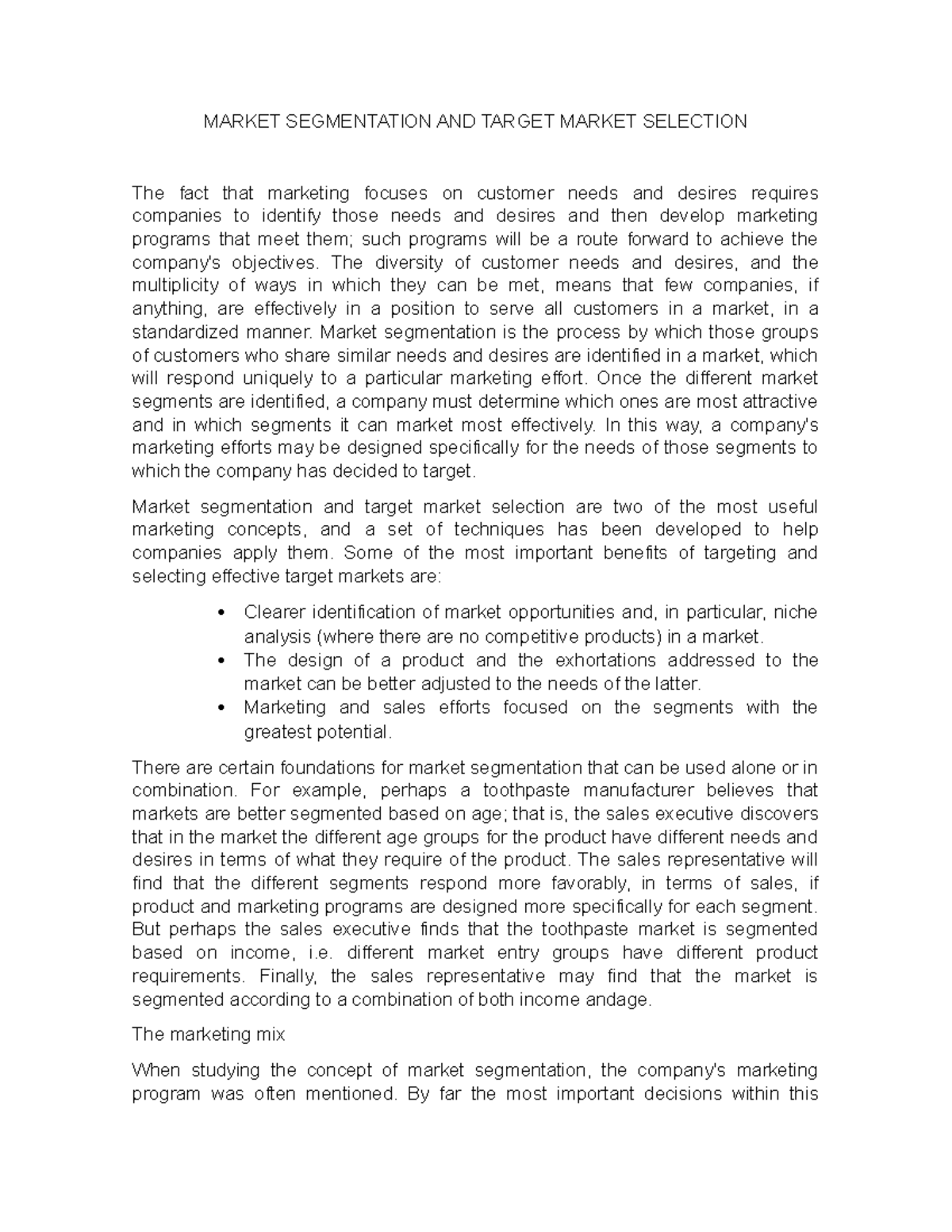 MARKET SEGMENTATION AND TARGET MARKET SELECTION - The diversity of ...