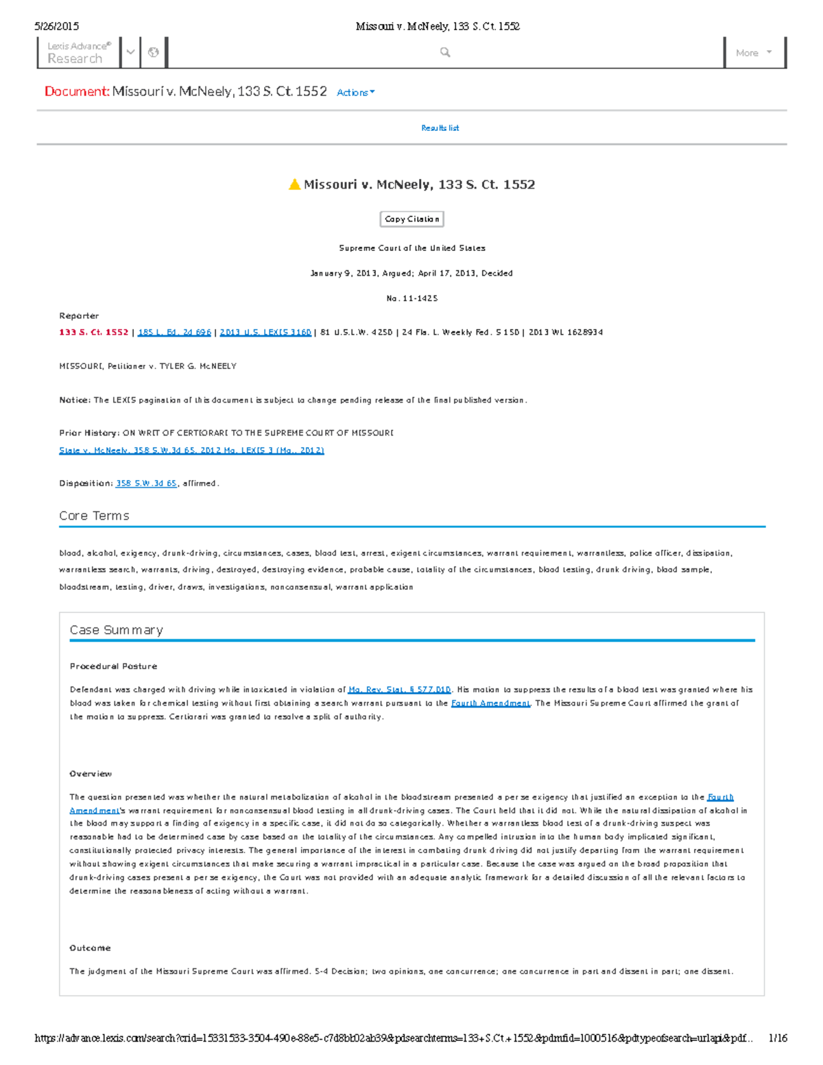 Missouri v. Mc Neely Case Studocu