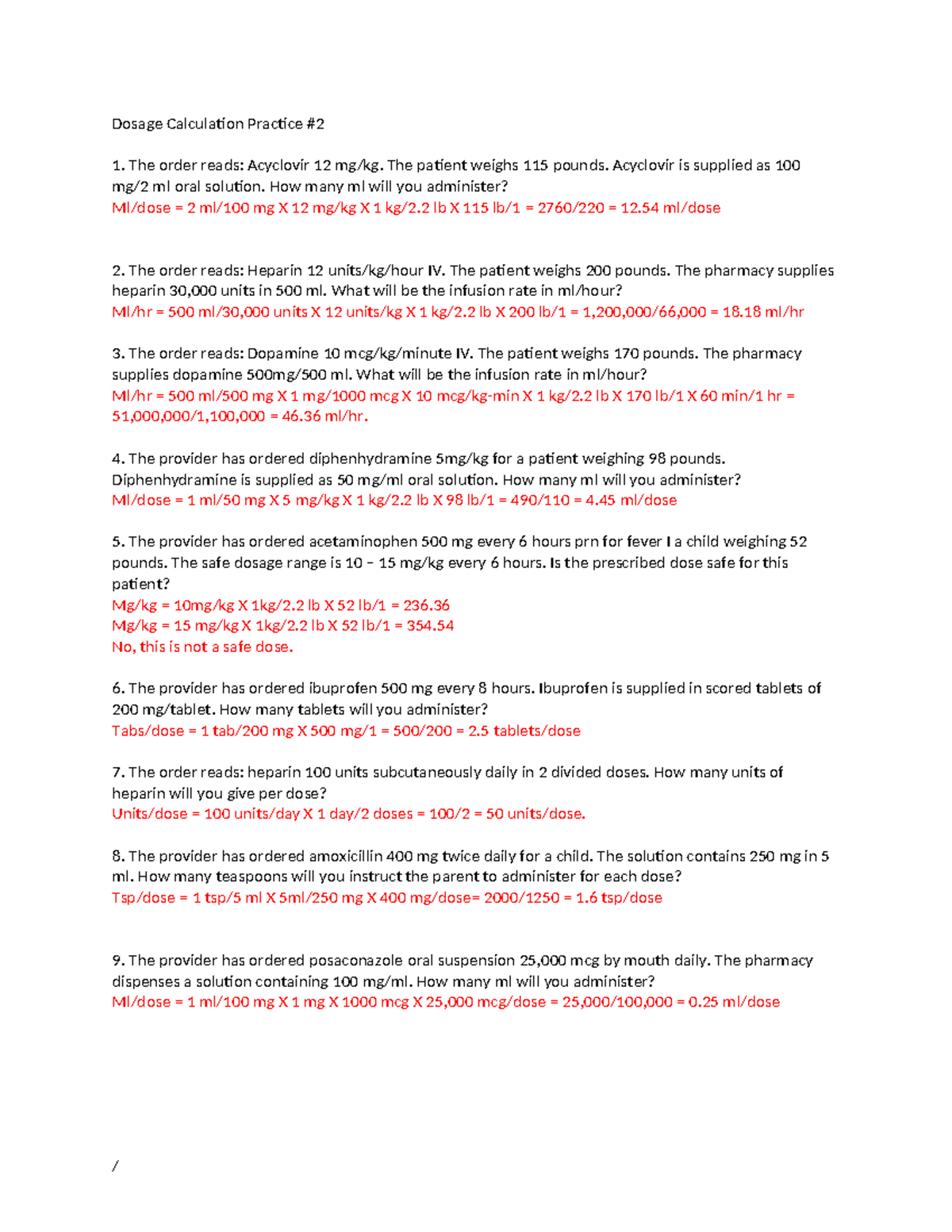 Dosage Calculation Practice #2 Answer Key - Dosage Calculation Practice ...