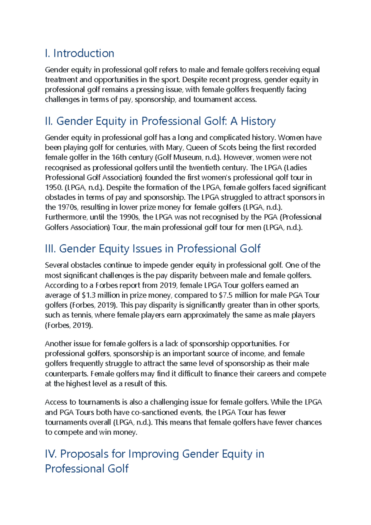 Gender Equity in Professional Golf - I. Introduction Gender equity in ...