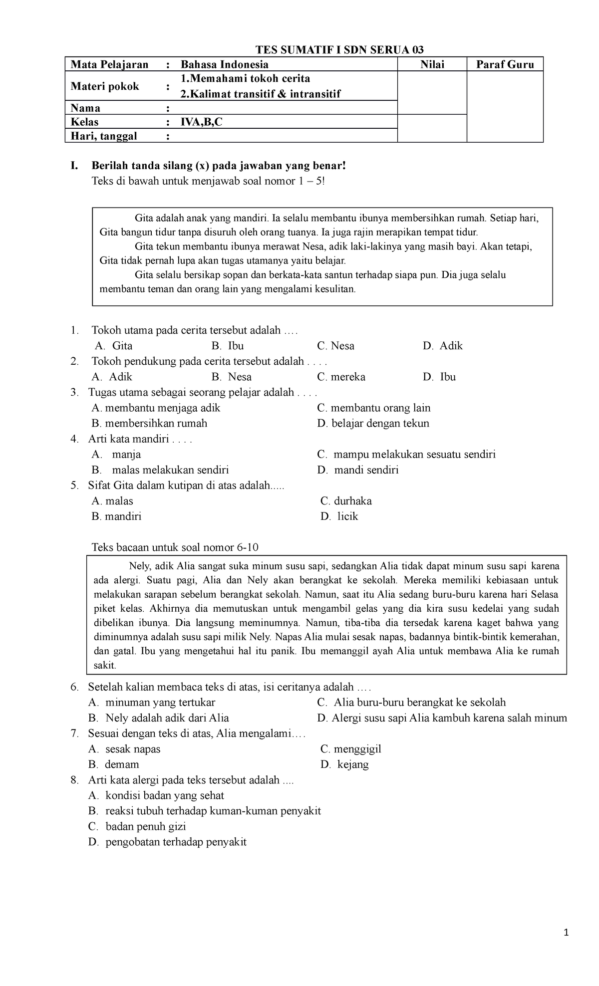 1. SOAL Sumatif B.INDO BAB 1 - TES SUMATIF I SDN SERUA 03 Mata ...