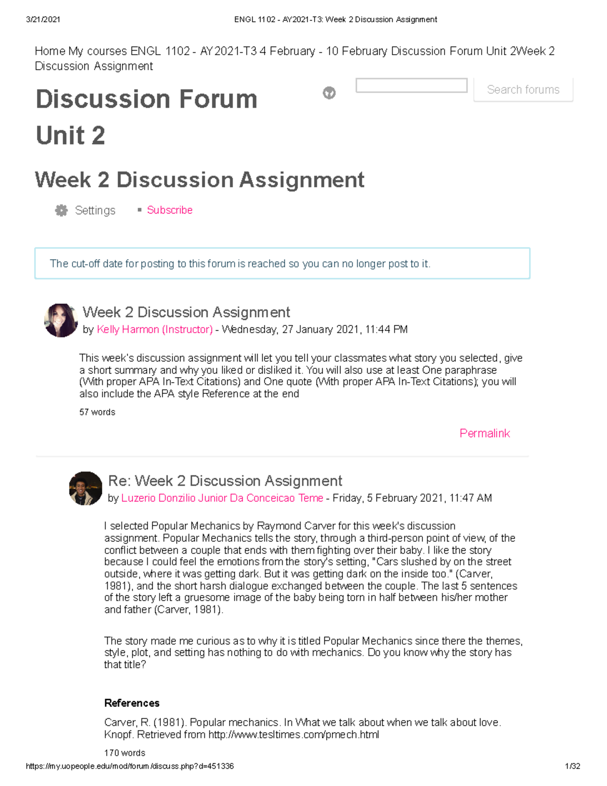 ENGL 1102 - AY2021-T3 Week 2 Discussion Assignment - Discussion Forum ...