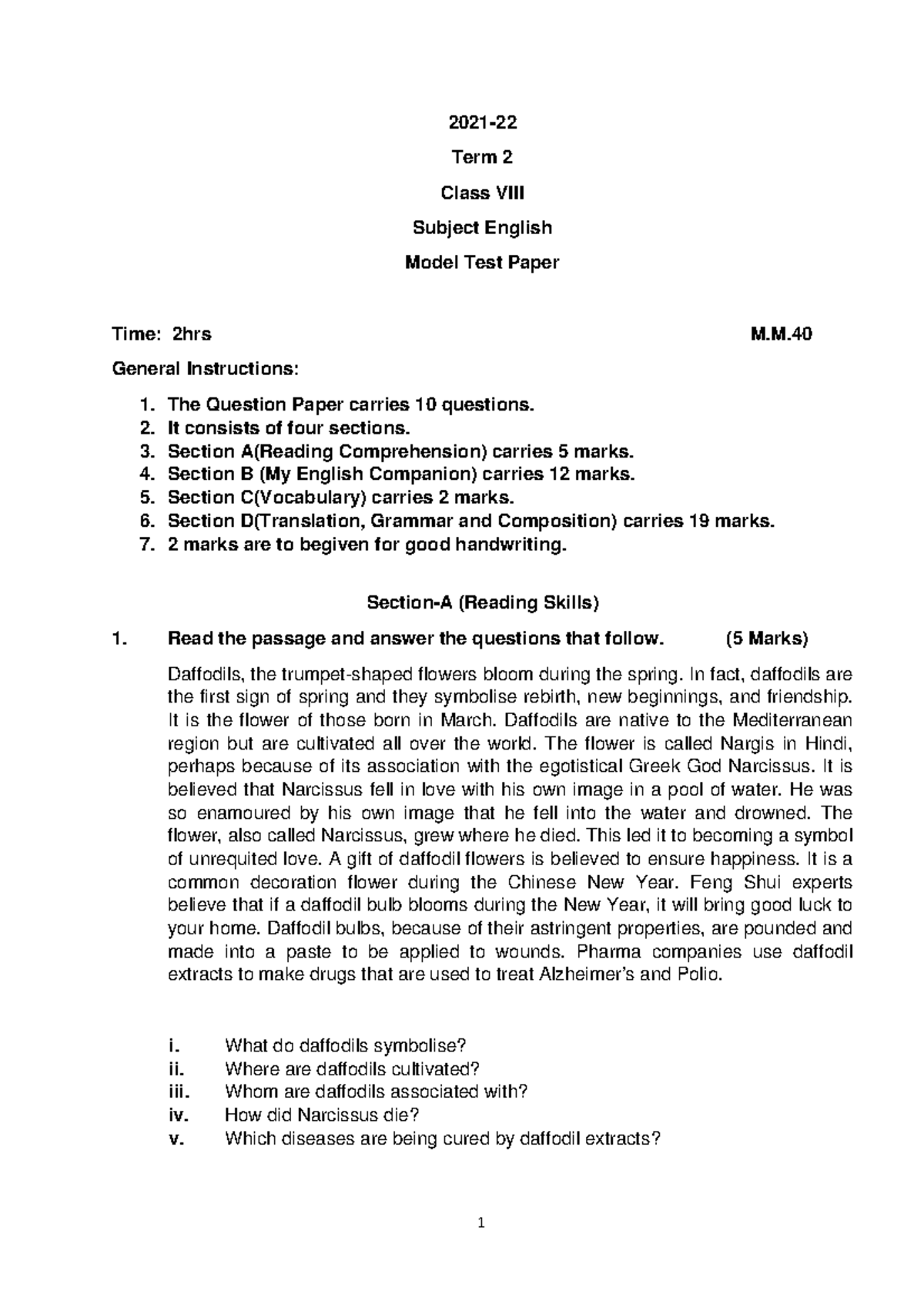 English Model Test Paper klbhcudchuksdcsud - 1 2021- Term 2 Class VIII ...