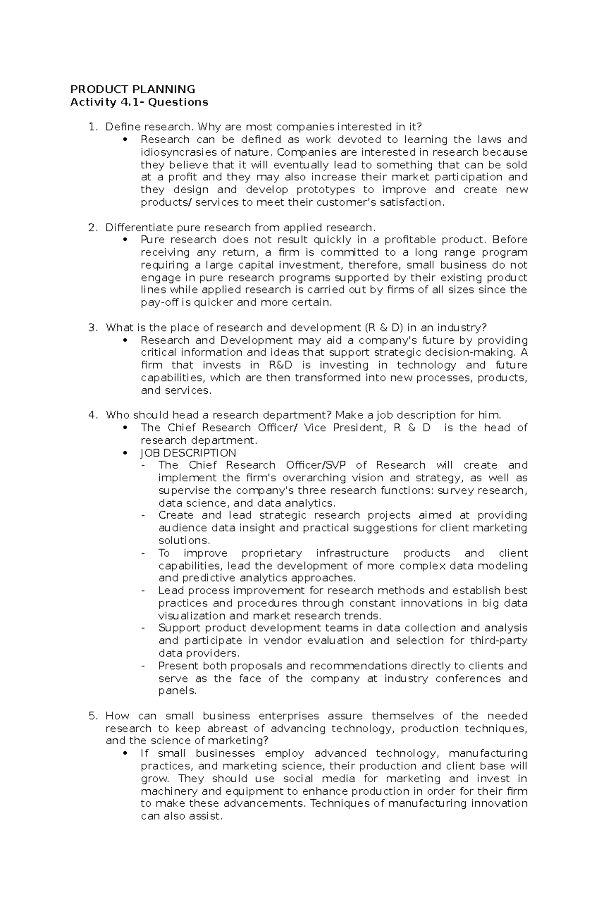 Operations Management - PRODUCT PLANNING Activity 4- Questions Define ...