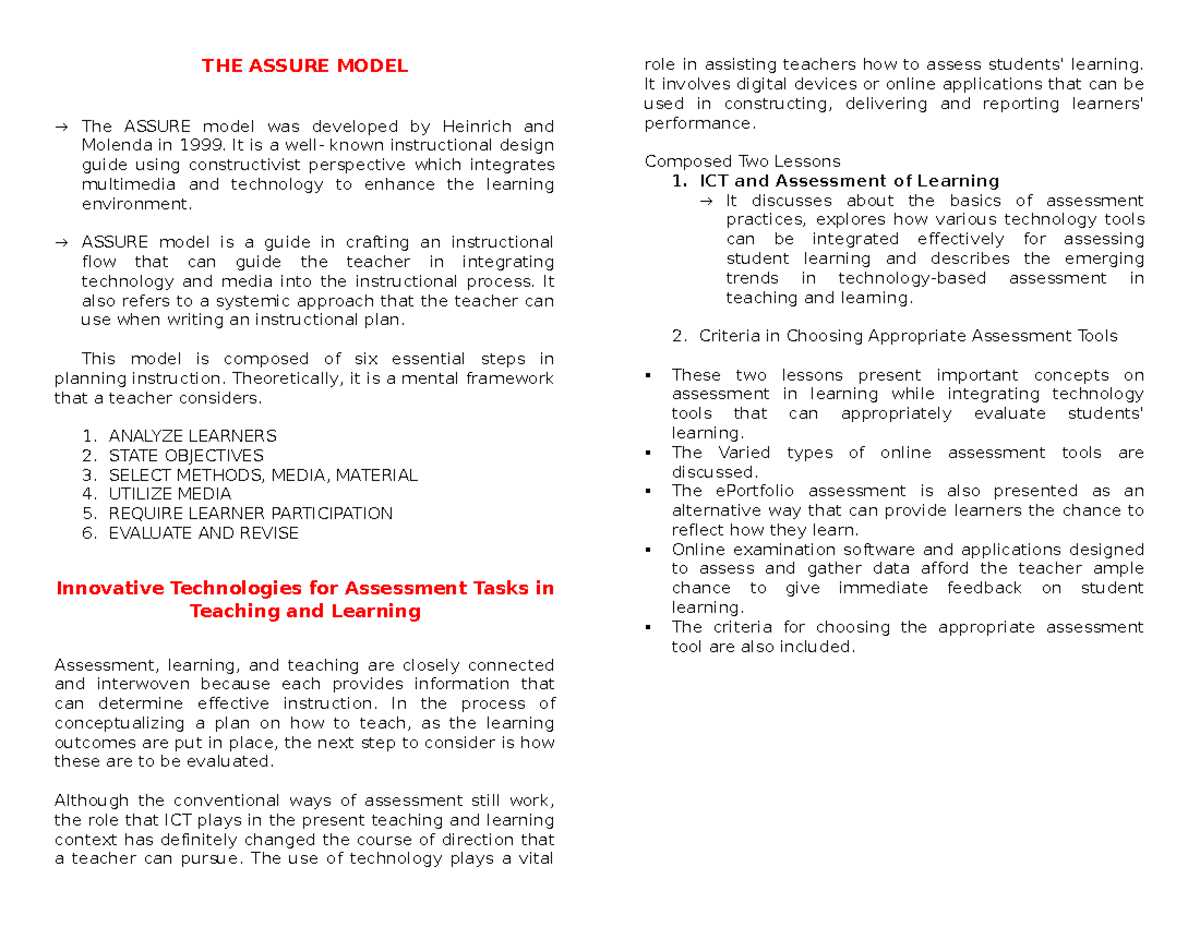 EDUC 14 Reviewer - midterm - THE ASSURE MODEL → The ASSURE model was ...