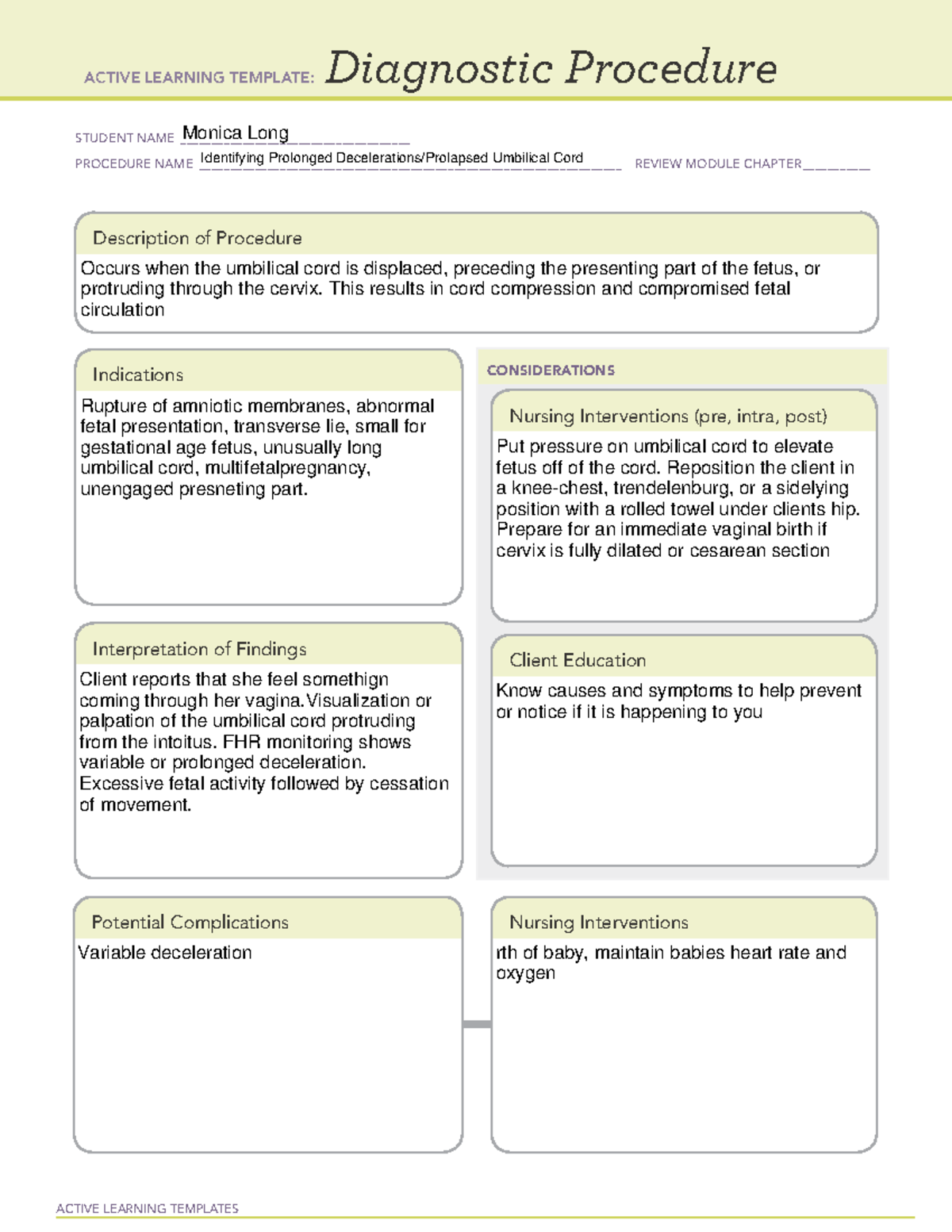 Umbillcal prolapse - ATI template - maternal newborn - ACTIVE LEARNING ...