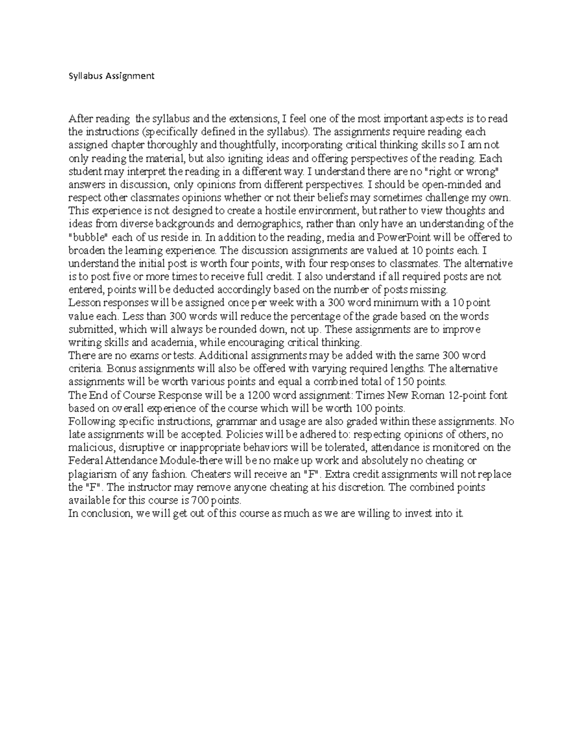 Syllabus Assignment - Syllabus Assignment After reading the syllabus ...