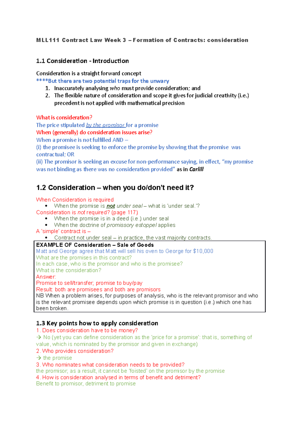 Week 3 Contract Law Master Notes Lectures 1&2 SD - MLL111 Contract Law ...