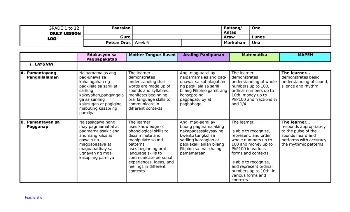 Grade 1 DLL All Subjects Q1 Week 6 Day 1 - GRADE 1 to 12 DAILY LESSON ...