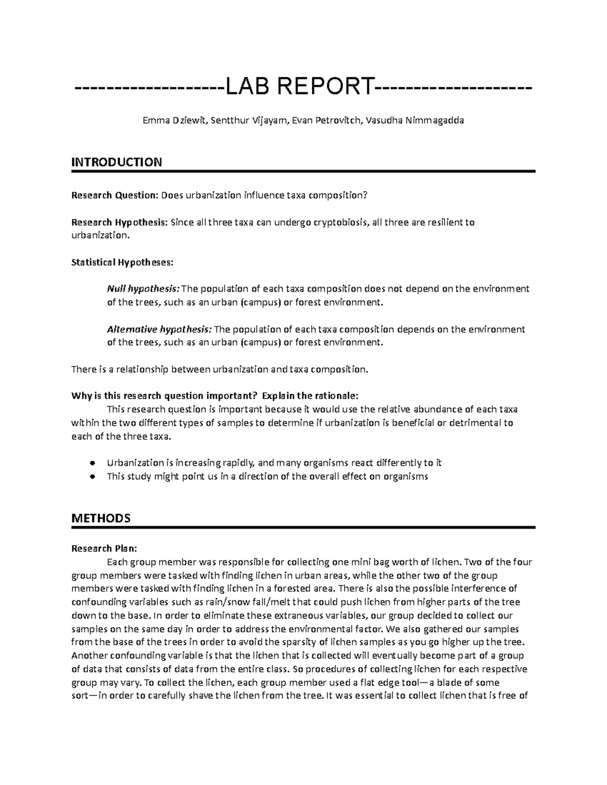 Tardigrade Lab Report -LAB REPORT- Emma Dziewit, Sentthur Vijayam, Evan ...