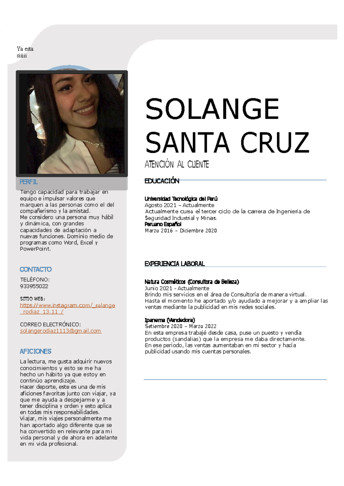 CV Solange Carolina Santa CRUZ DÍAZ - Ya esta siiiii PERFIL Tengo ...