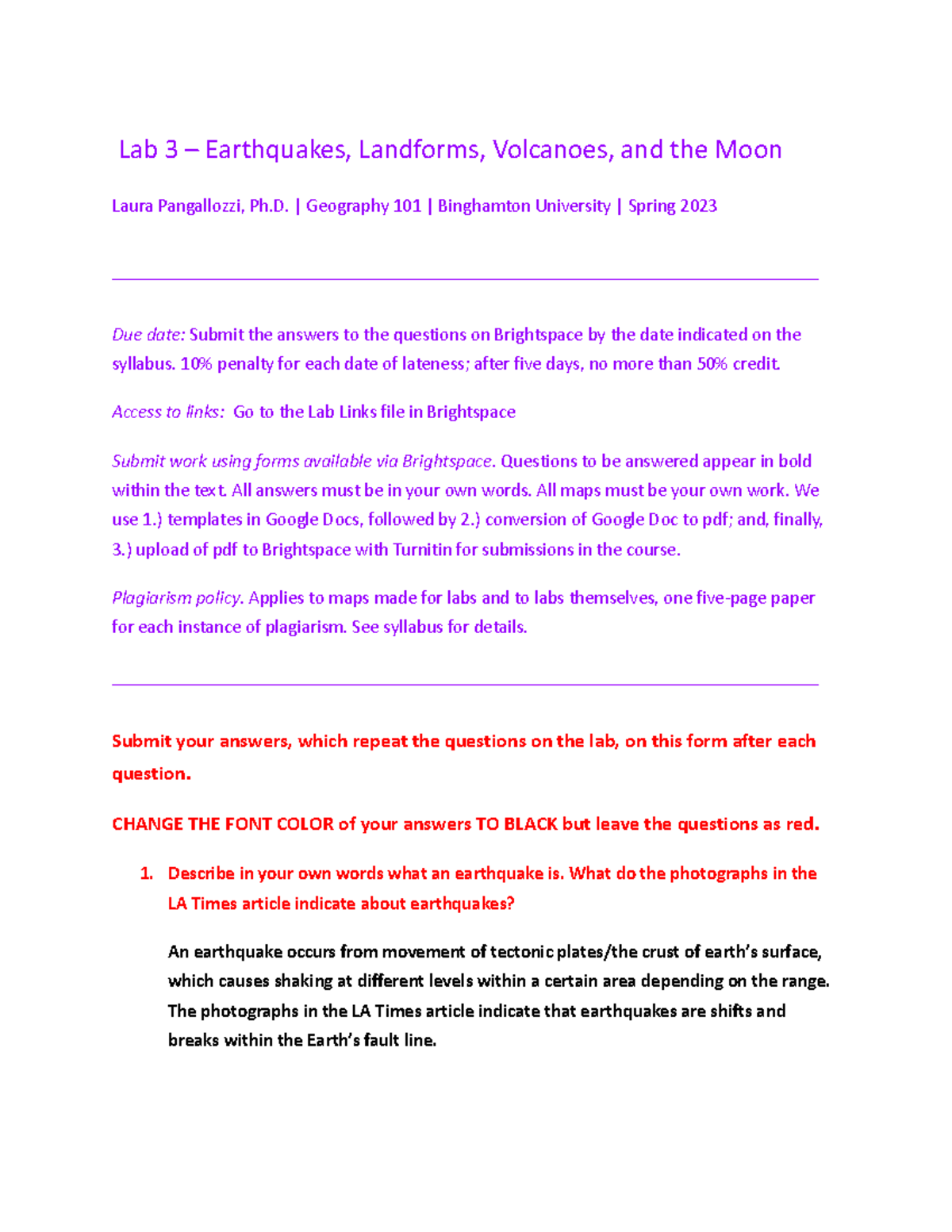 Geog 101 Lab 3 Template - Lab Work - Lab 3 – Earthquakes, Landforms ...