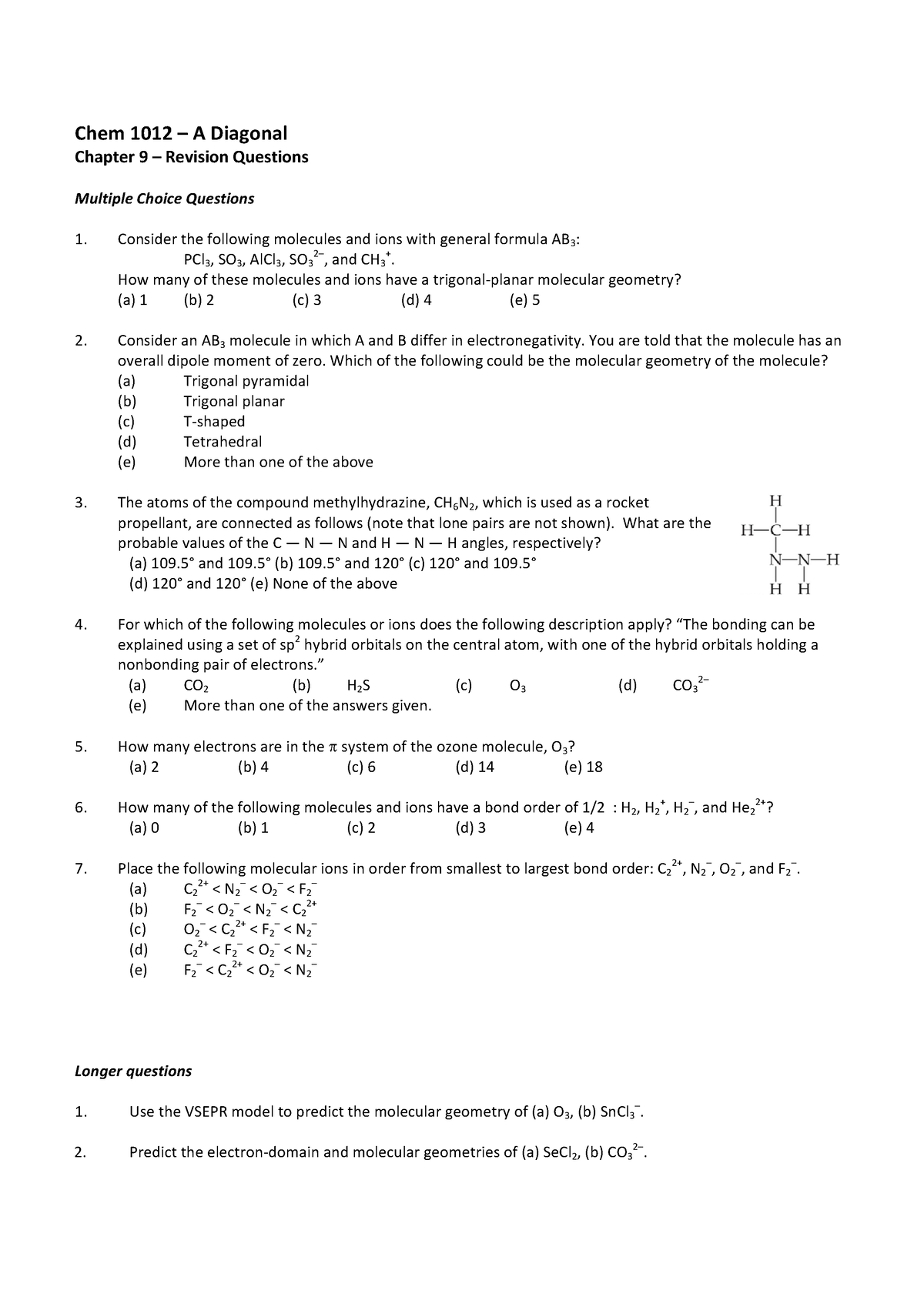 Chem 1012 A Diagonal Revision Chapter 9 - Chem 1012 ñ A Diagonal ...