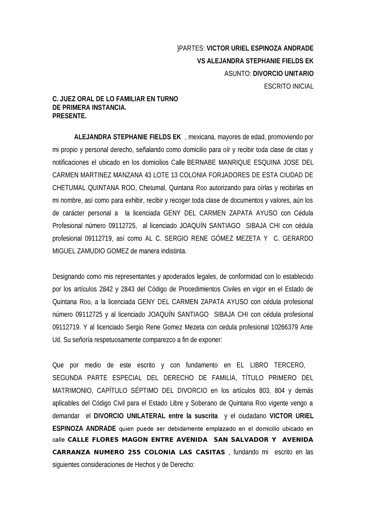 Ale field divorcio - }PARTES: VICTOR URIEL ESPINOZA ANDRADE VS ...