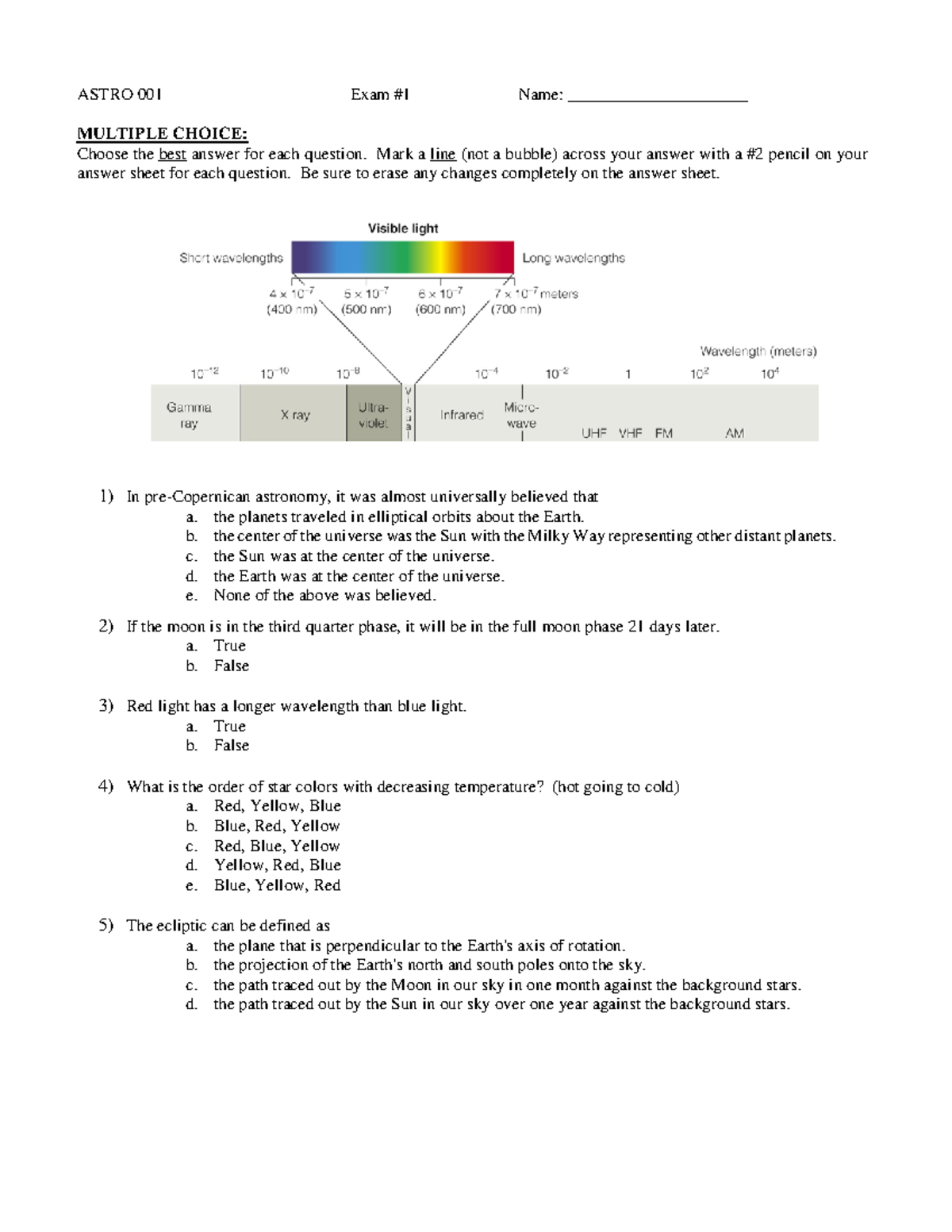 Astro 1 Exam 1 Spring 2017 - ASTRO 001 Exam #1 Name ...