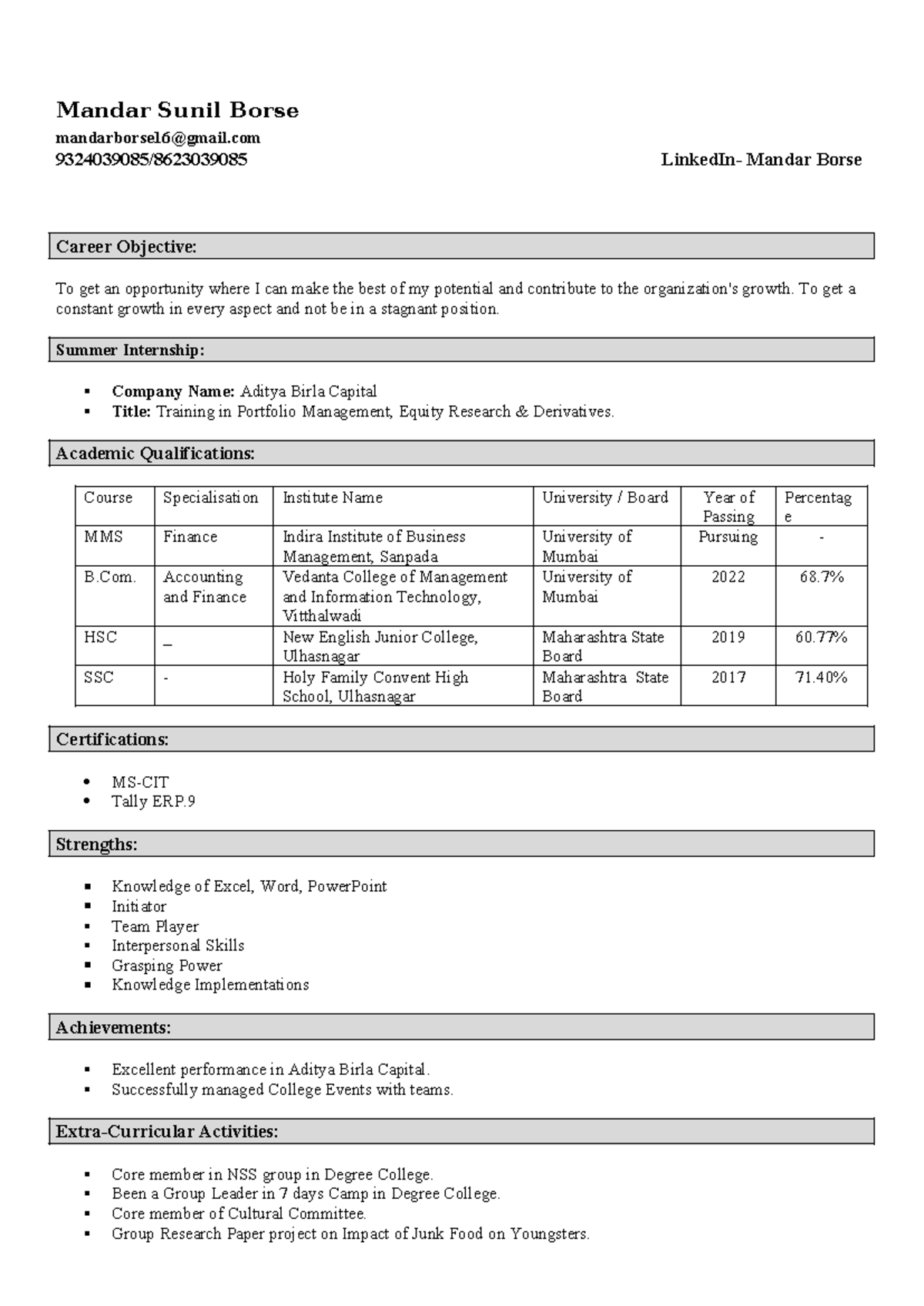 Mandar CV - PLEASE GIVE ME LAW NOTES - Mandar Sunil Borse mandarborse16 ...