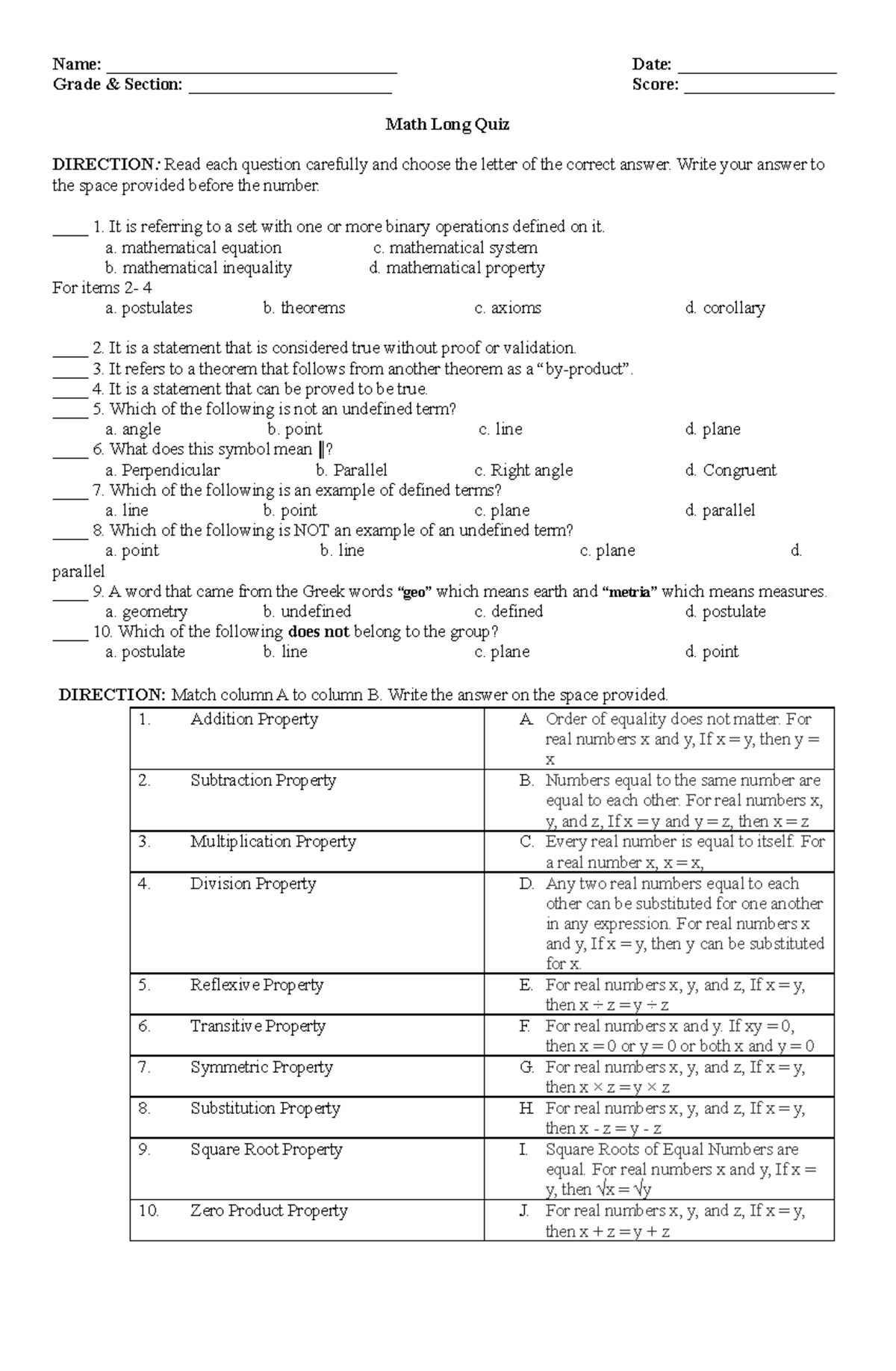 Math 8 long quiz 3rd quarter long exam Name