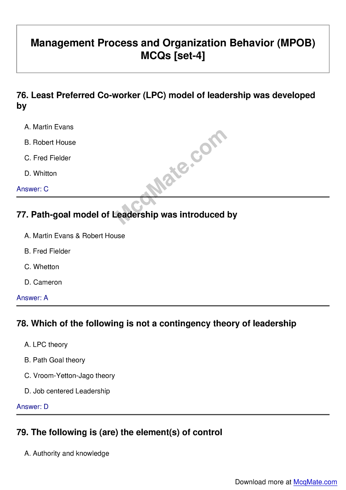 Management Process And Organization Behavior (MPOB) Solved MCQs [set-4 ...