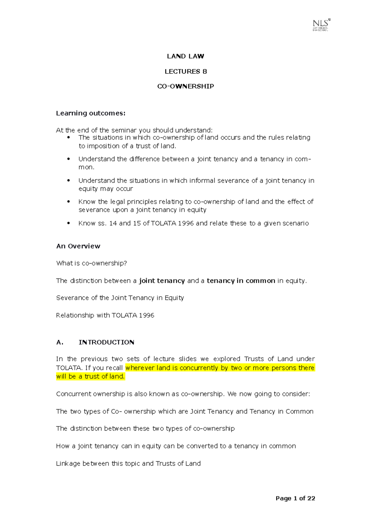 L9 Co-Ownership - lecture notes - LAND LAW LECTURES 8 CO-OWNERSHIP ...